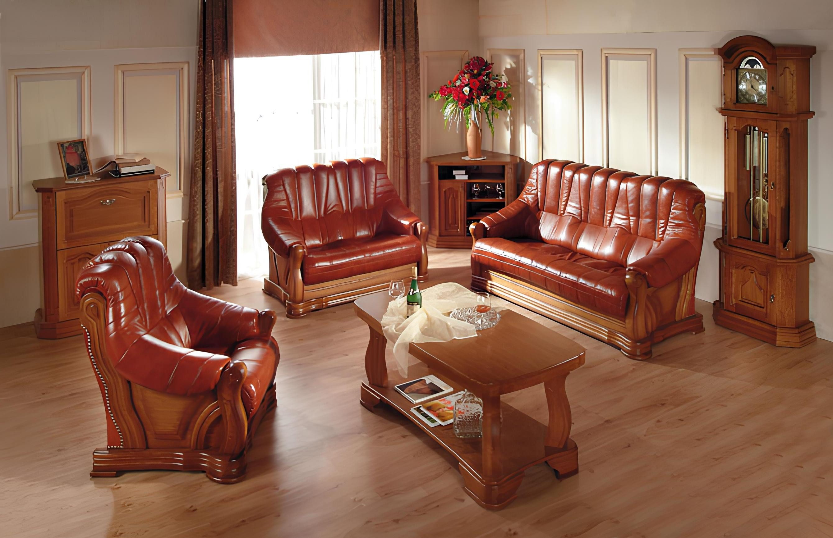 Xlmoebel 3-Sitzer Elegante Sofagarnitur aus Leder mit Holzfüßen, Hergestellt in Europa