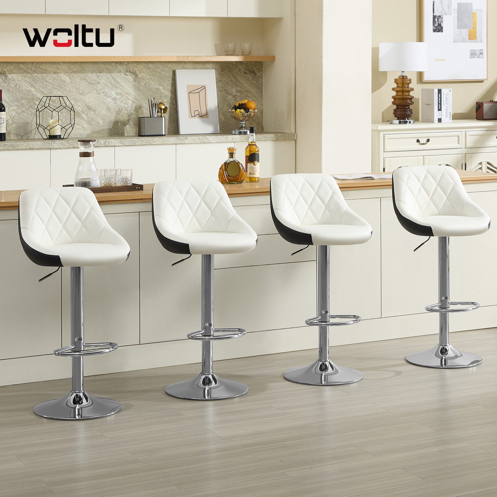 Woltu Barhocker (2 St), höhenverstellbar, drehbar, aus Kunstleder, verchromtem Stahl