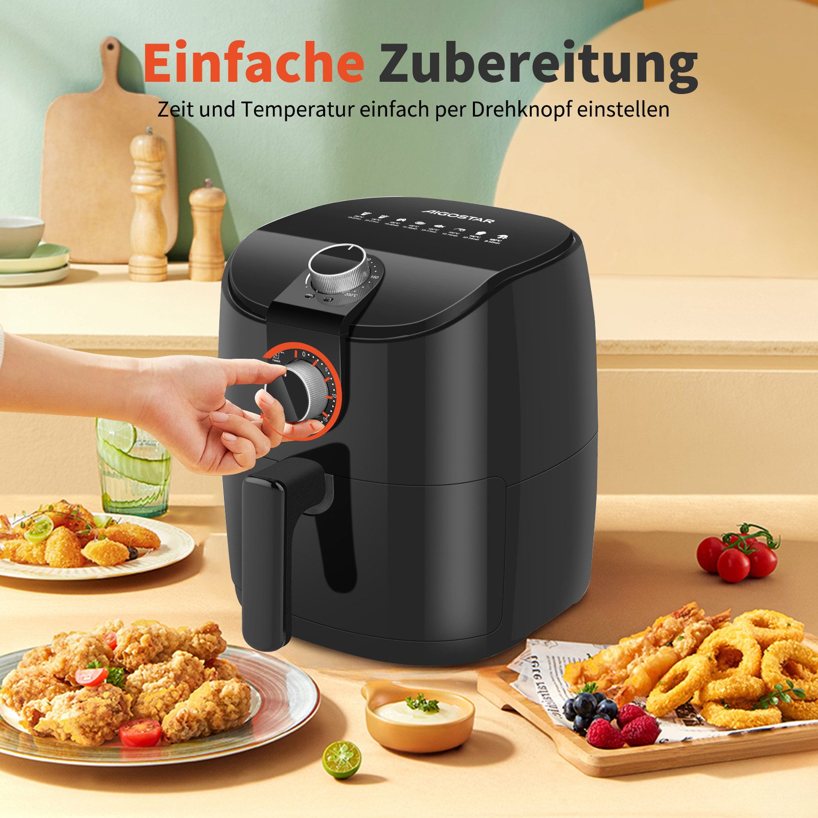 Aigostar Heißluftfritteuse 4L Airfryer, 30 Mins Timer, Einstellbare Temperatur, fettarmes Kochen, Überhitzungsschutz, 1500,00 W, 30-Minuten-Timer, einstellbare Temperatur für gesundes