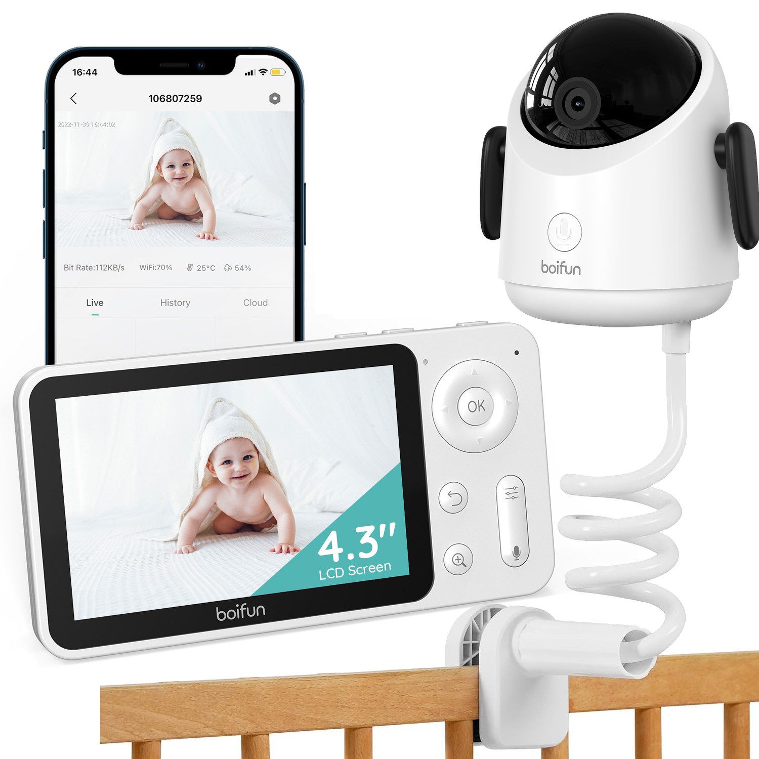 Video-Babyphone WLAN Babyphone mit Kamera 4,3” 2MP Kamera App-Steuerung mit Halterung