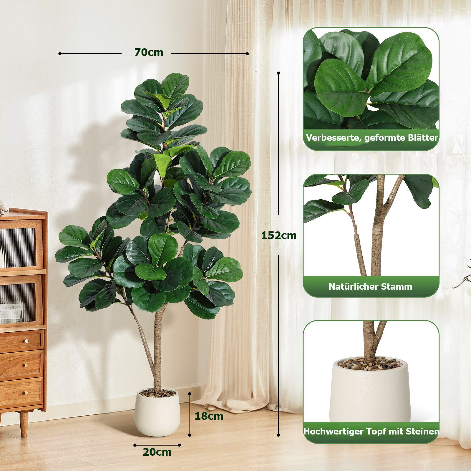 Kunstbaum Künstlicher Geigenblatt-Feigenbaum, Kunstpflanzen,künstlicher Baum, GarveeMore, Höhe 150 cm