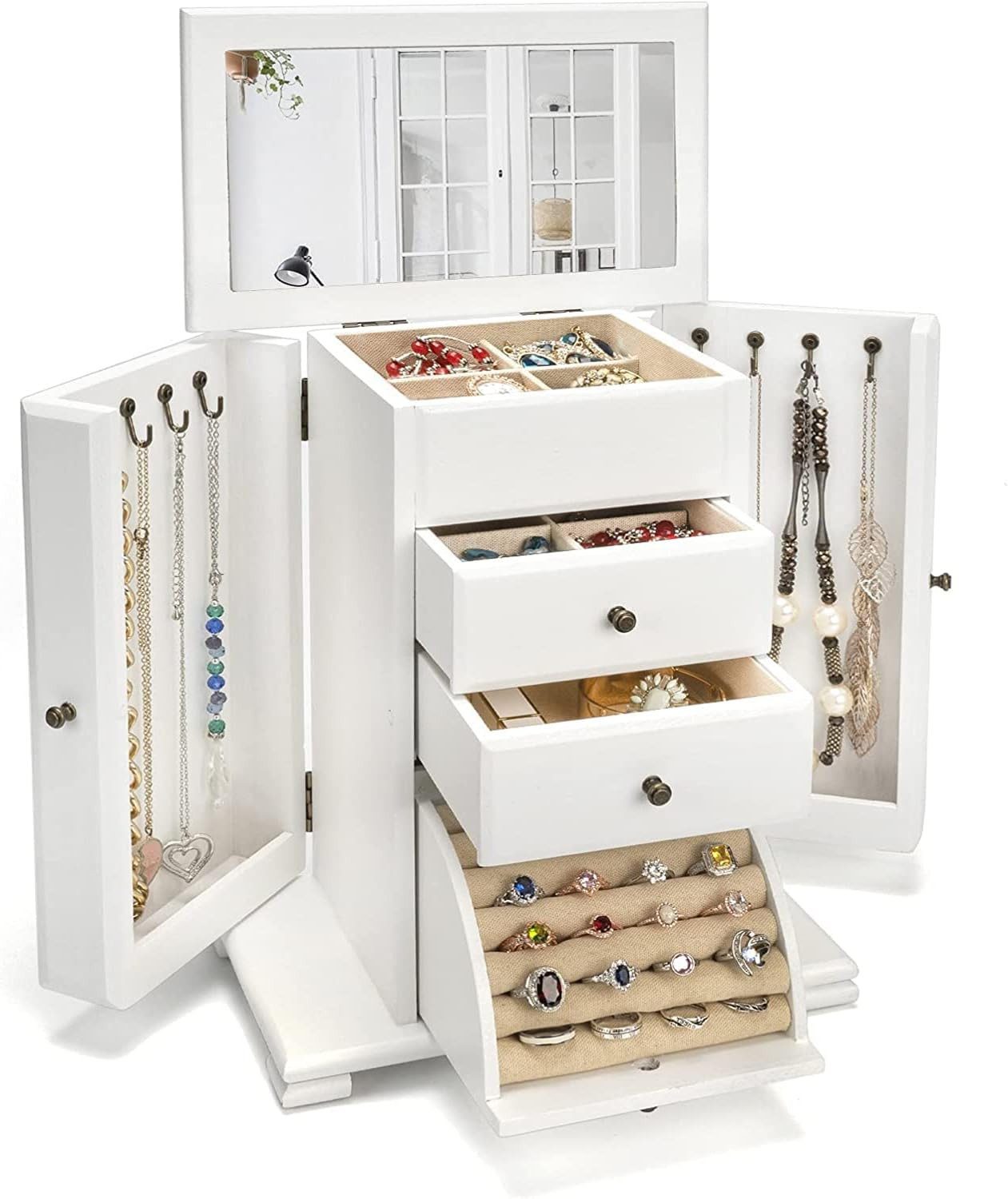 Emfogoo Schmuckkasten 4 Ebenen Schmuckbox Organizers mit Spiegel, groß (1 St), für Ringe, Ohrringe, Halsketten, Armbänder, 16T x 26,7B x 32H cm