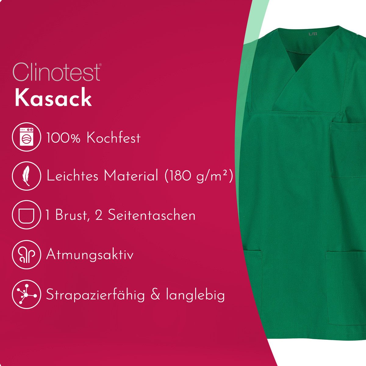 Clinotest Funktionsbluse Kasack Damen & Herren - 95 Grad waschbare, kochfest ohne einzulaufen (1-tlg) Schlupfkasack aus Baumwolle & Polyester - Berufsbekleidung – Bild 2 von 5
