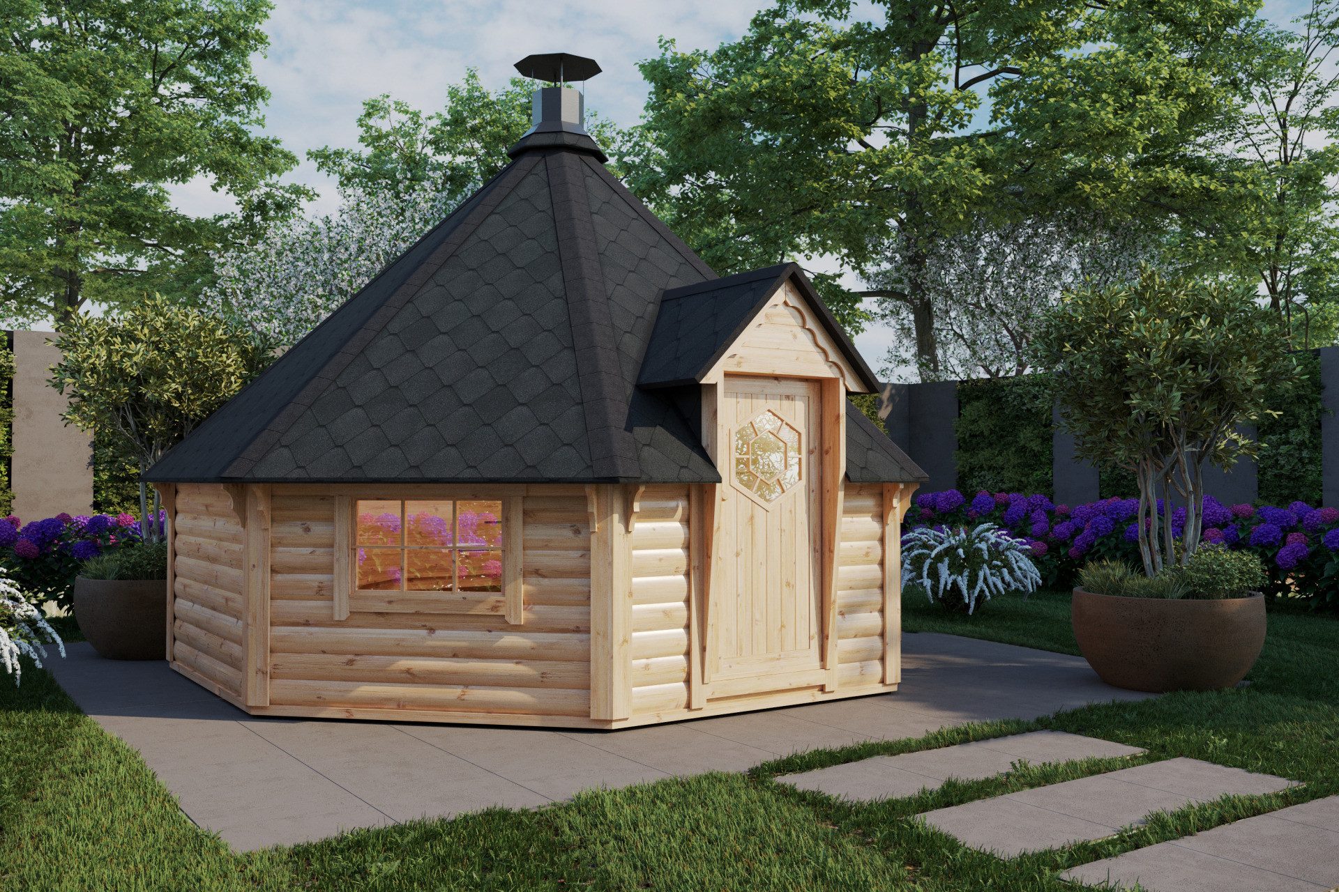 Finn Art Blockhaus Grillkota Grillpavillon 8-eckig Elegance 16,5 max. 21 Personen, BxT: 453x435 cm, Schindeln rot, mit Grillanlage, mit 18 mm Fußboden