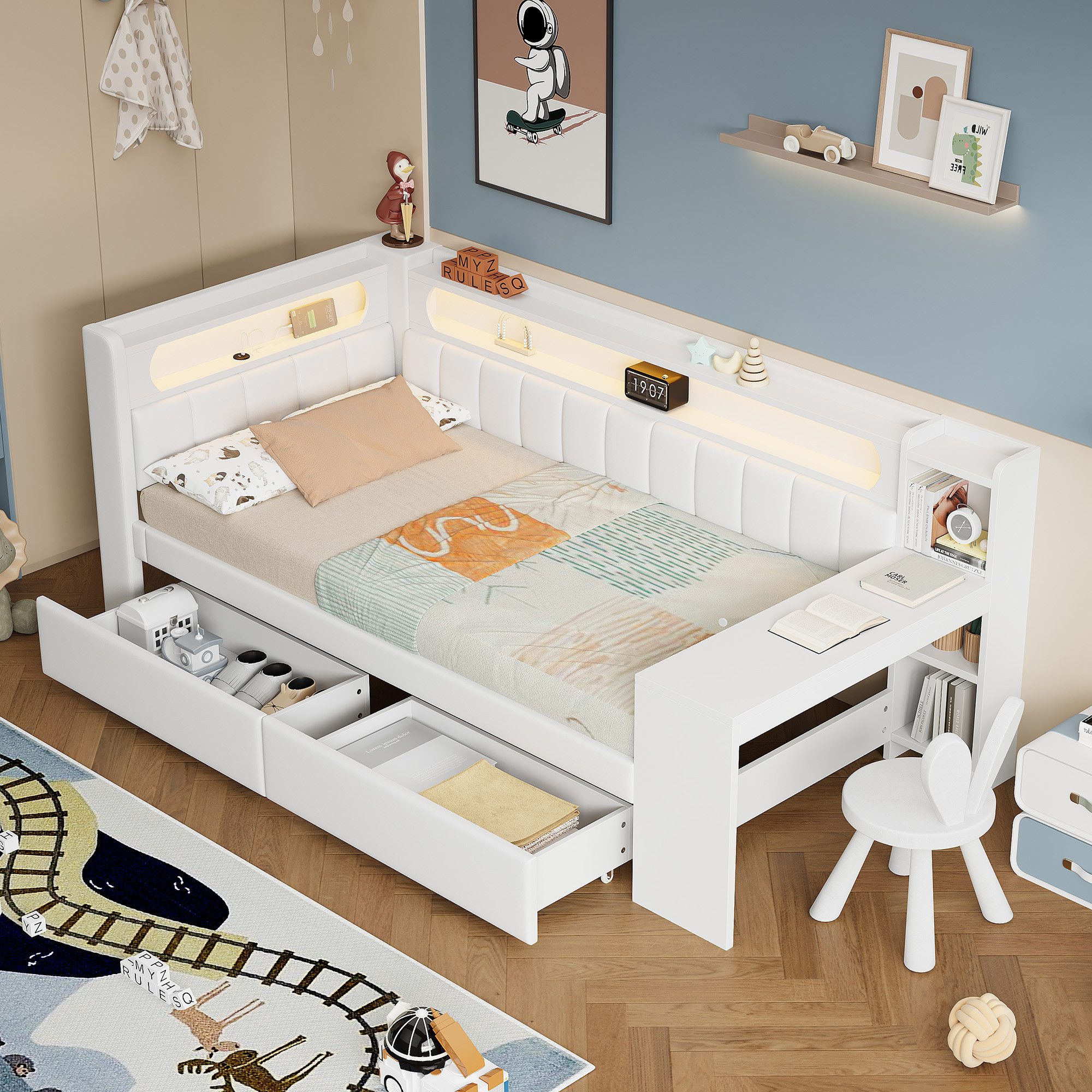 SOFTWEARY Stauraumbett mit Schreibtisch und LED-Beleuchtung (90x200 cm, Lattenrost, Regal, Schubladen, USB und Type-C Anschluss), Einzelbett mit gepolstertem Kopfteil
