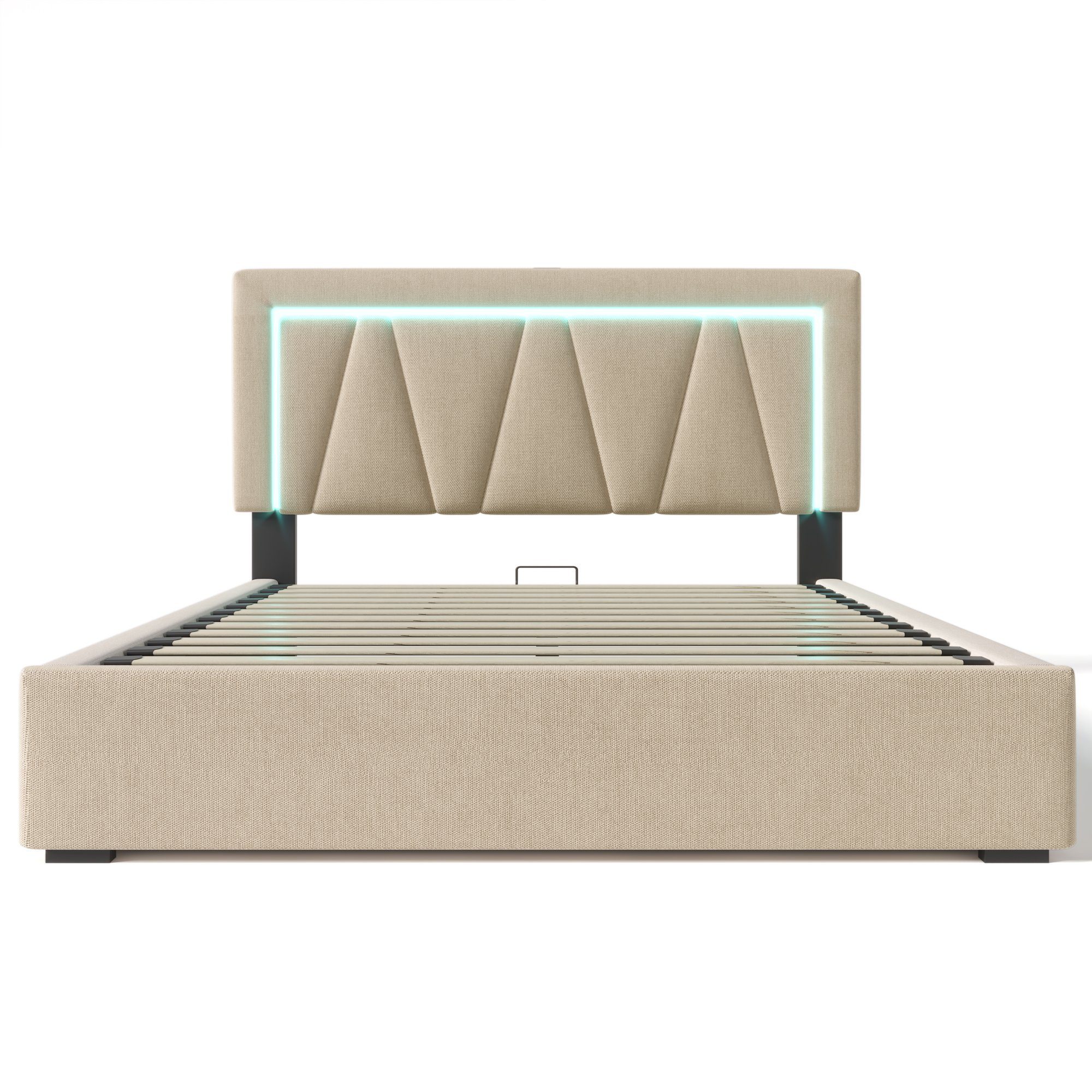 Polsterbett (Stauraumbett mit Lattenrost, 160x200cm), LED Doppelbett mit USB Typ C Ladefunktion, Leinen, Ohne Matratze