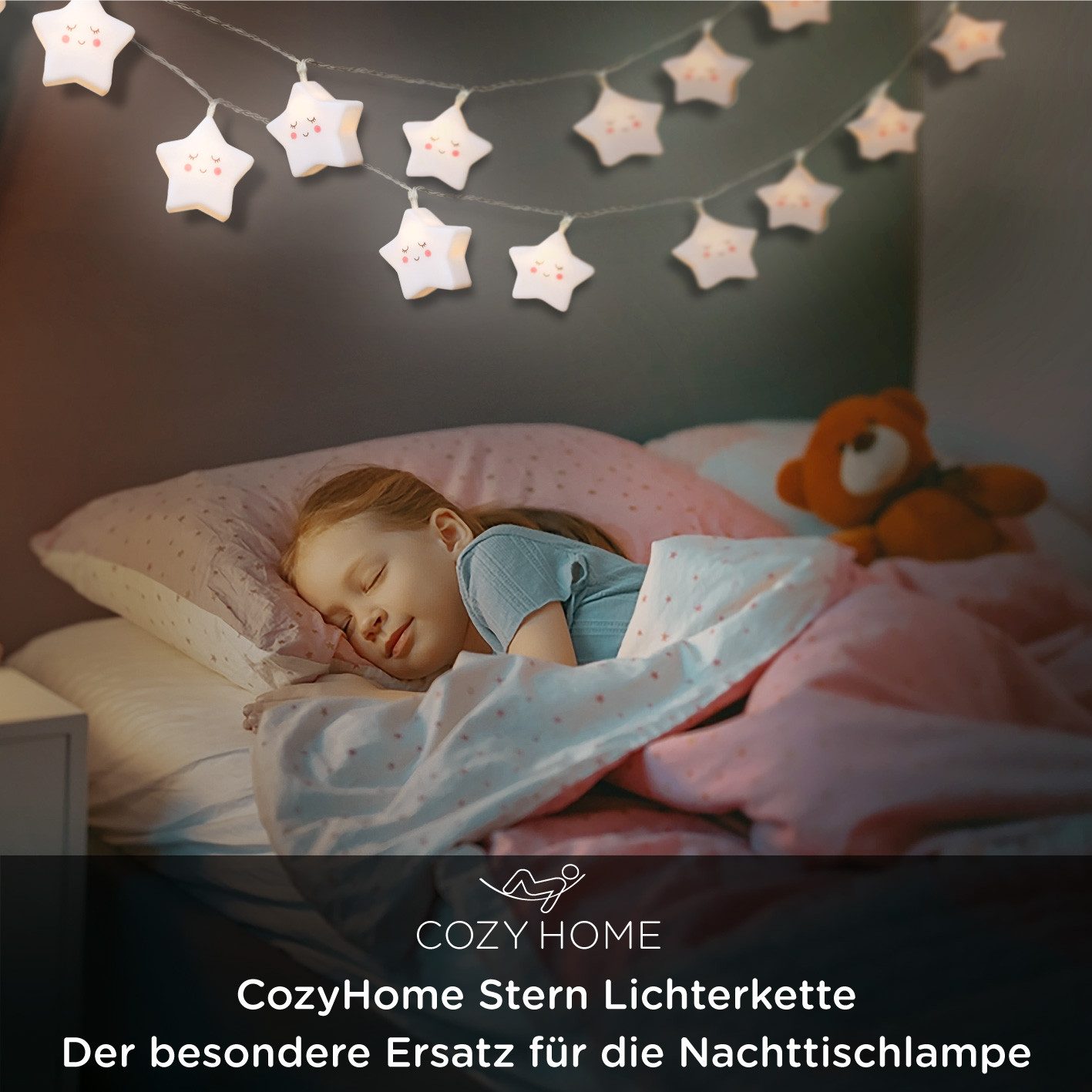 COZY HOME LED-Lichterkette Sternen Batterie und Stecker, 20 LED I 5m I Warmweiße LED-Stern Lichterkette I Kinderbett Bunt Deko – Bild 5 von 5
