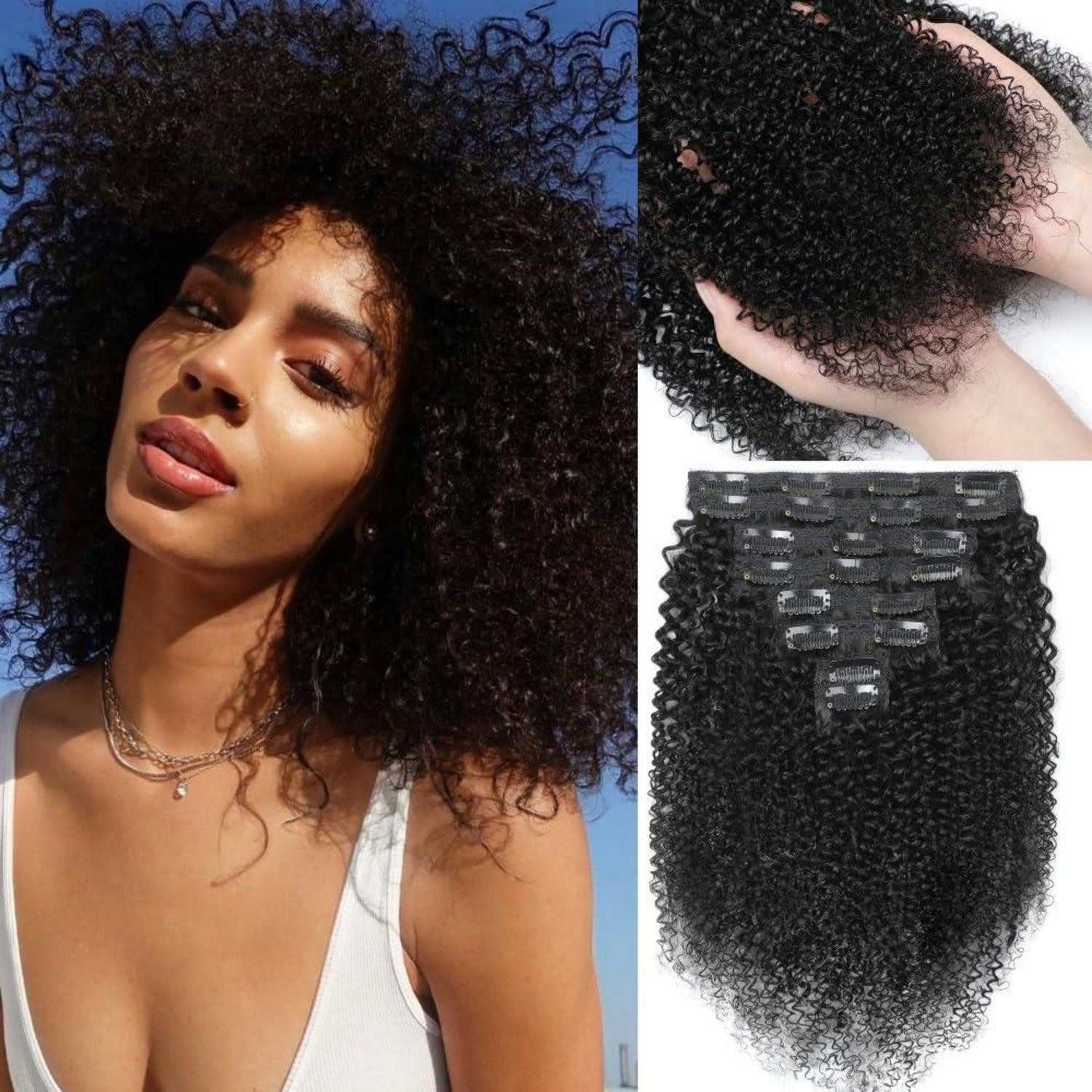 LuxusKollektion Echthaar-Extension Haarverlängerungen Kinky Curly Clip In Natural Black 14zoll-36cm-120g