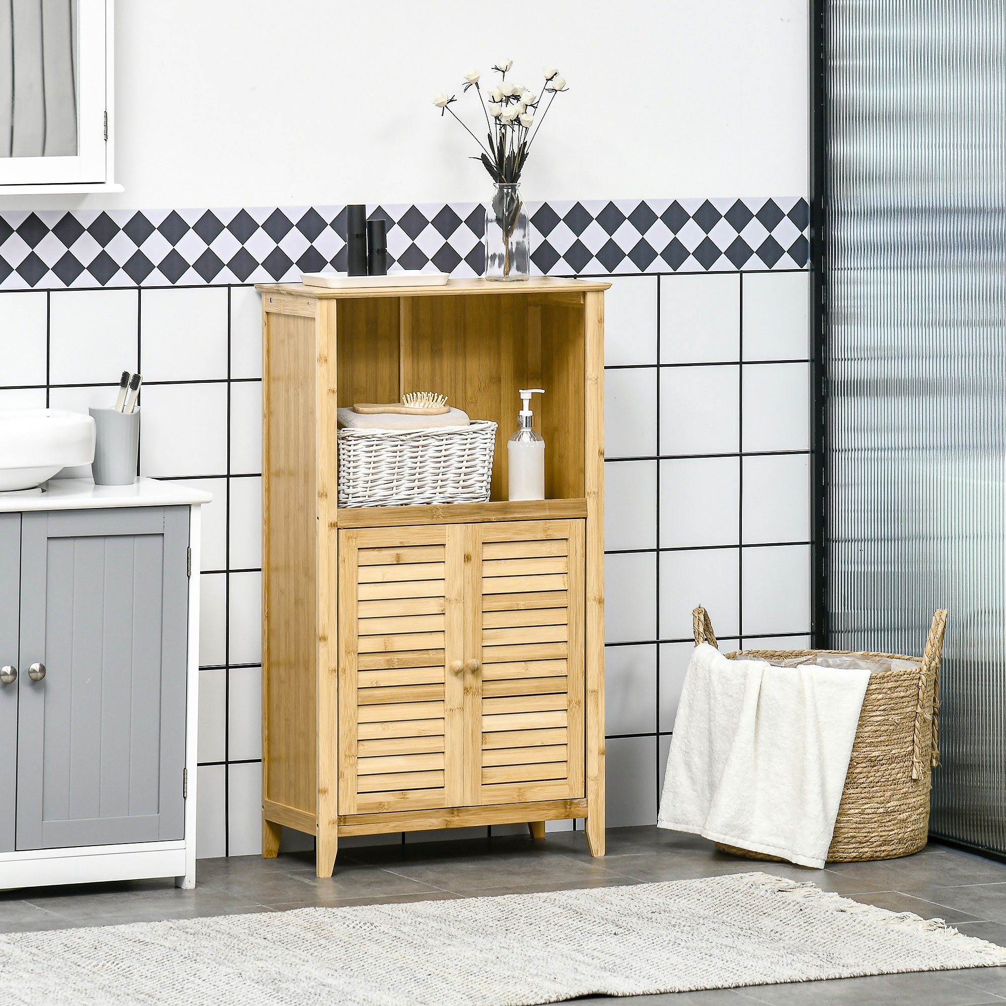 HOMCOM Badkommode Badzimmerschrank mit offenem Regal (Badezimmer Standregal, 1 St., Badregal), Bambus, Natur, 50 x 25,5 x 92 cm