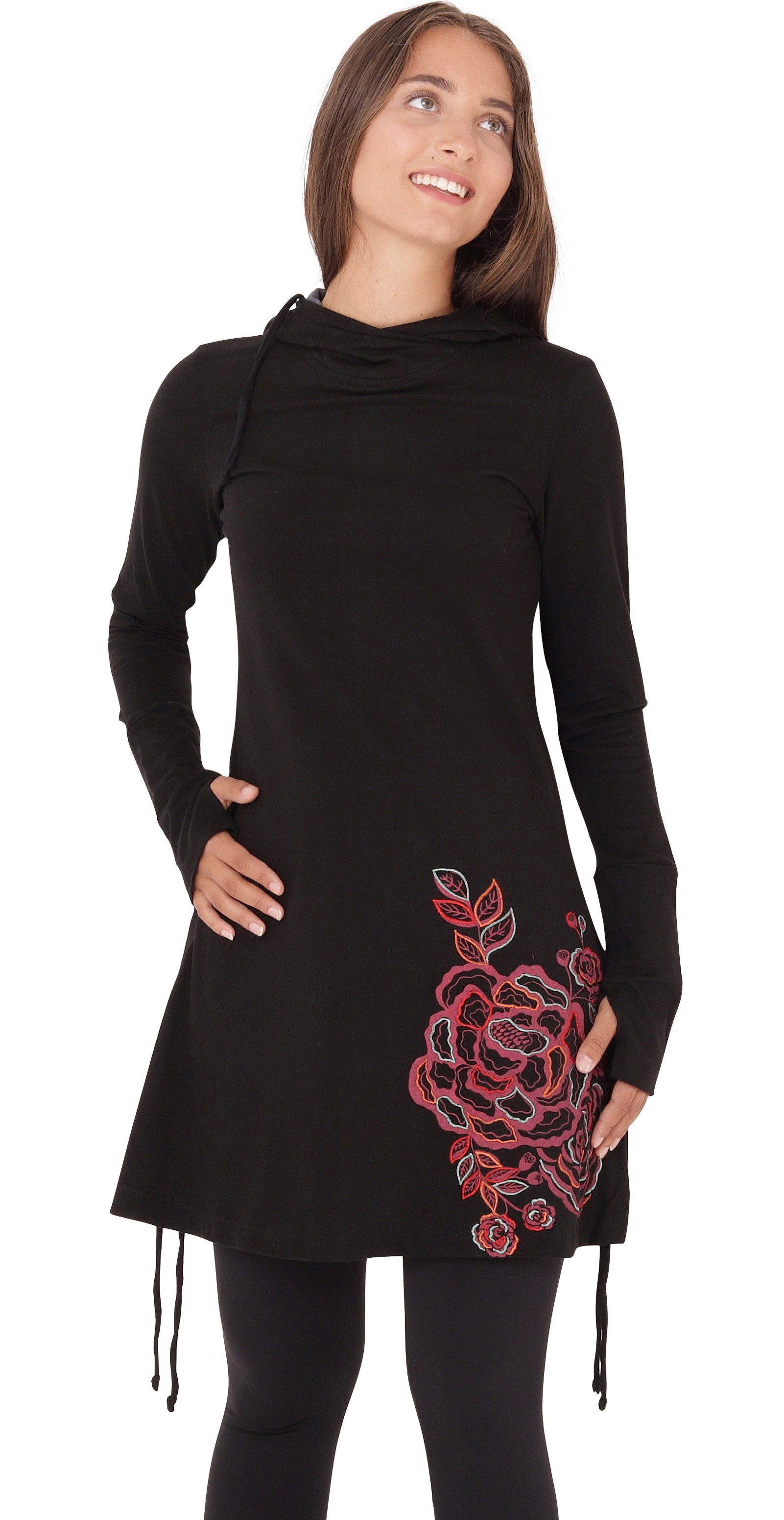 Kapuzenkleid A-Linien-Kleid PUREWONDER Blumen-Print Jersey mit Schwarz dr132