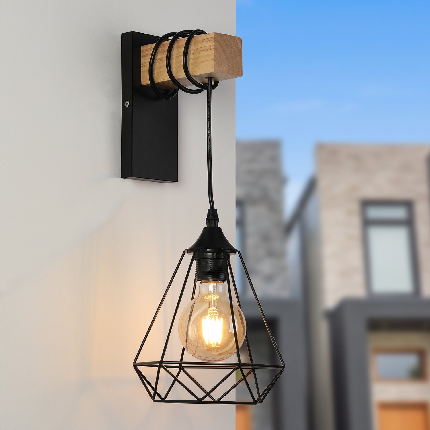 oyajia Wandleuchte Wandlampe im Industrial Design, Retro Wandleuchte aus Stahl und Holz, LED wechselbar, E27-Fassung Höhenverstellbar Pendellampe Flurleuchte oh – Bild 3 von 5
