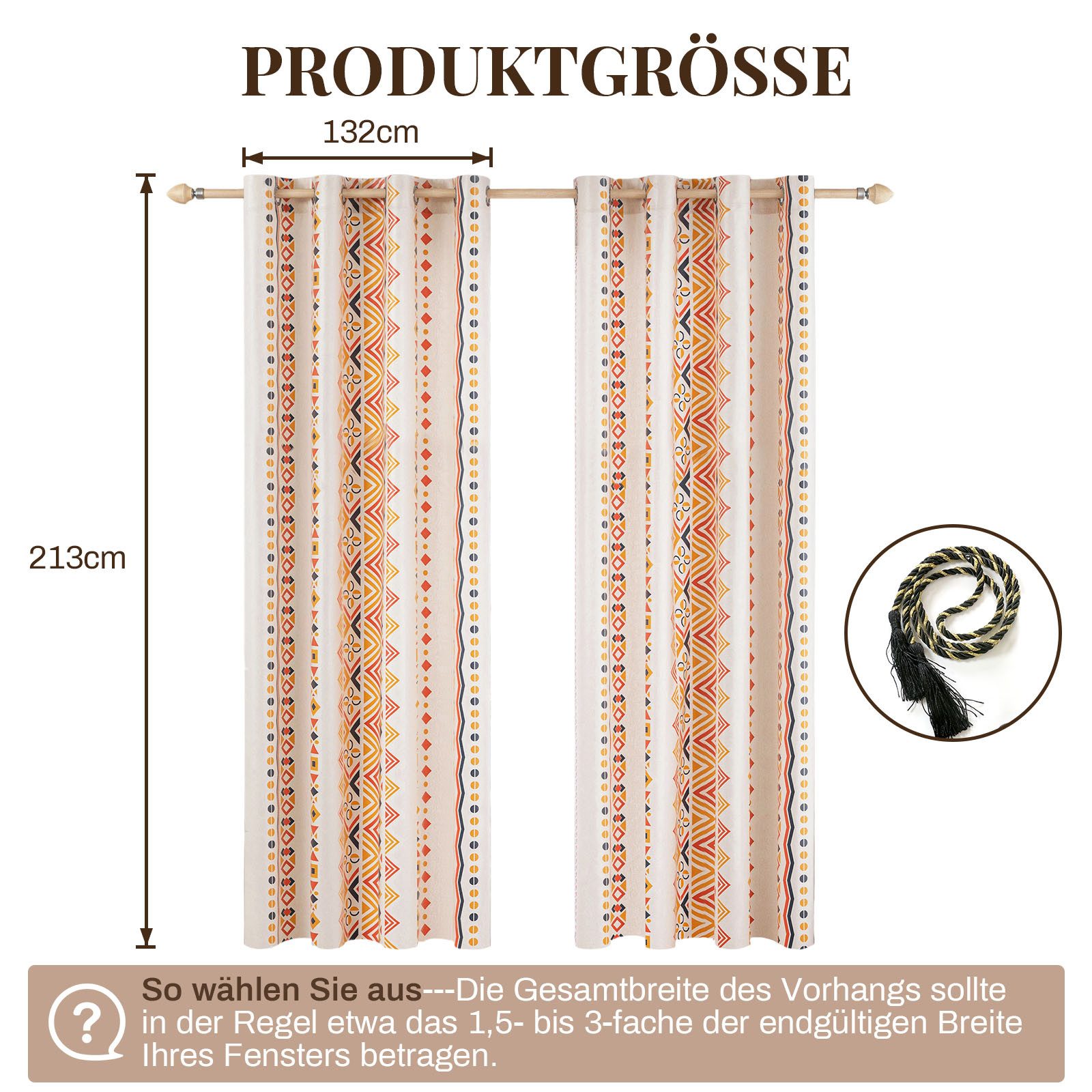 BTTO V&G Outdoorvorhang 2er-Set Vorhänge Boho Gardinen Ösen Outdoor-Gardinen,Wasserdicht, H×B: 213 x 132,244 x 132,274 x 132cm,für Wohnzimmer Schlafzimmer – Bild 2 von 5