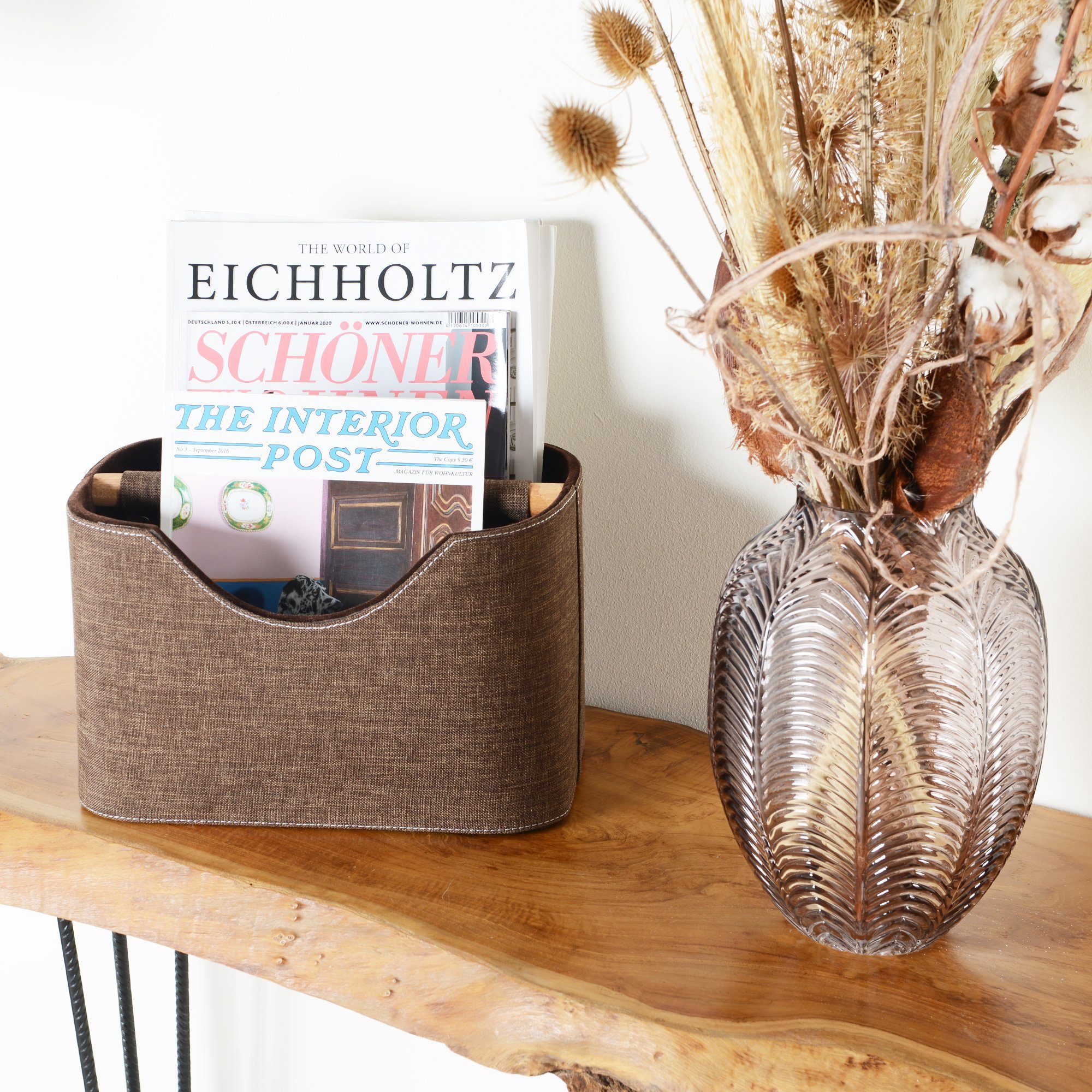 wohnfreuden Aufbewahrungsbox Zeitungsständer aus Stoff mit Teakholz 30 cm d günstig online kaufen