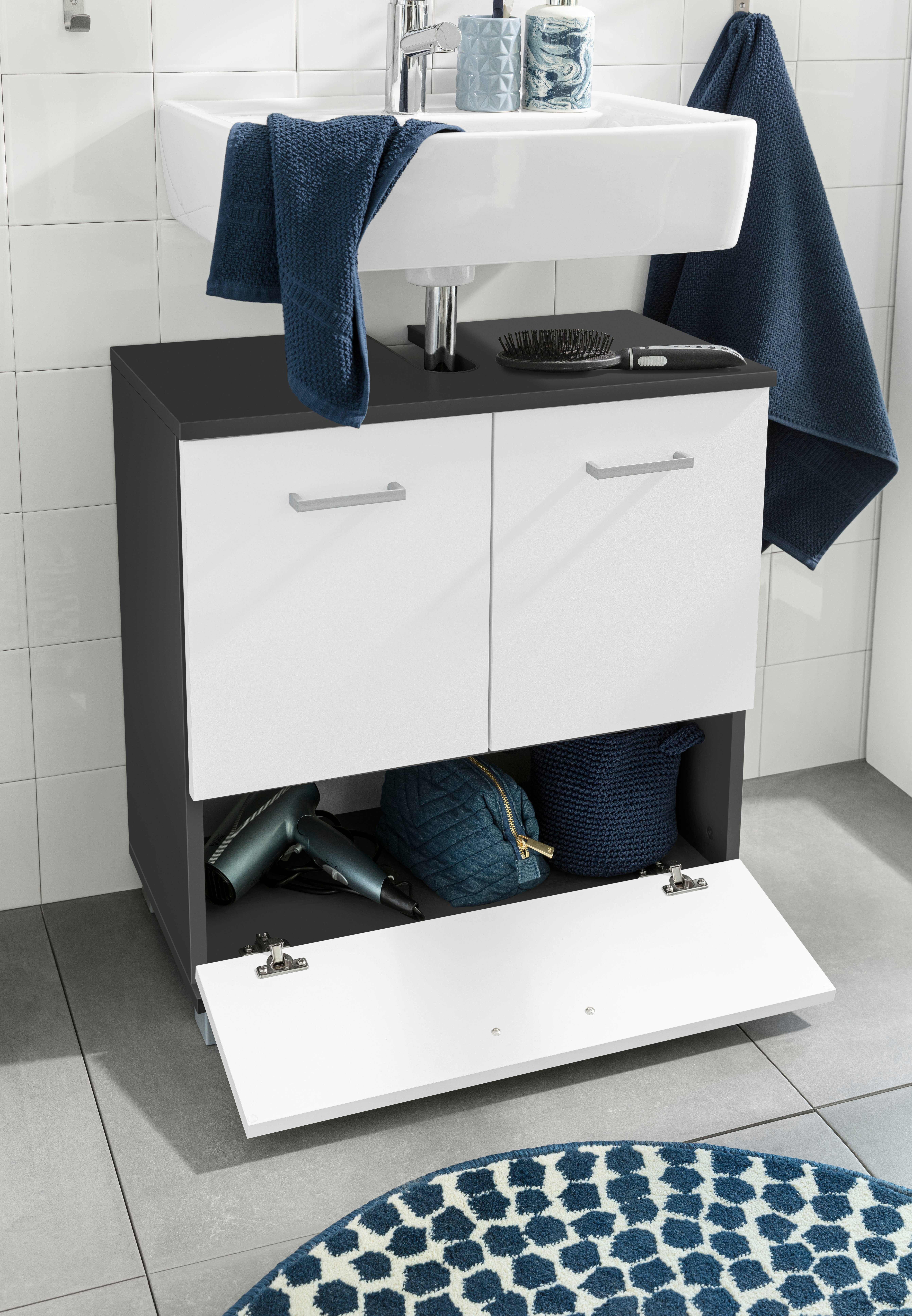 Schildmeyer Waschbeckenunterschrank Mobes Breite 60 cm, Badezimmerschrank Badschrank anthrazit/weiß | Unterschrank WBU anthrazit