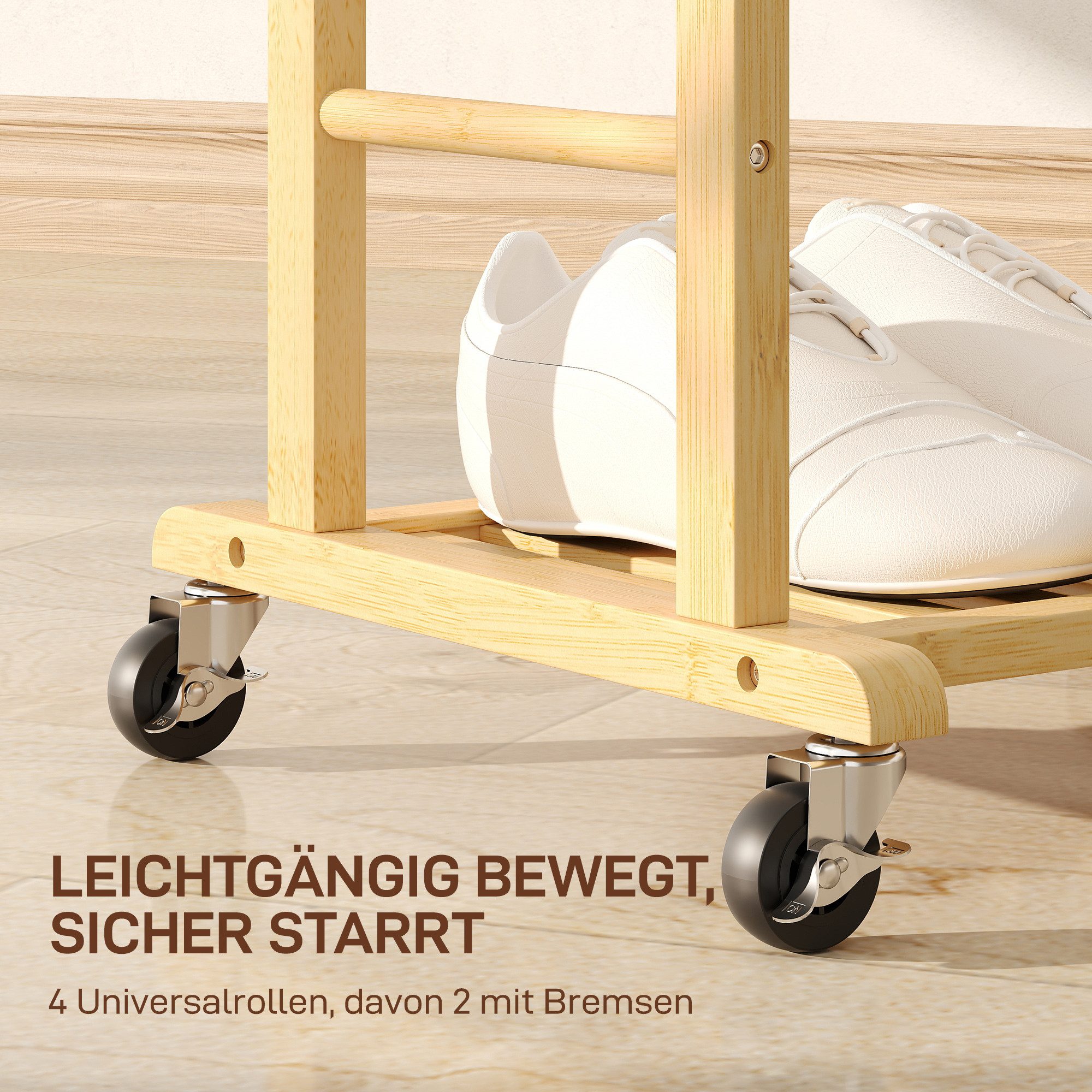 HOMCOM Garderobenständer Schuhablage, Ablagetablett mit Hosenhalter für Schlafzimmer, (Kleiderständer, 1 St., Garderobe), aus Bambus, kompakt, mobil mit Rollen – Bild 5 von 5