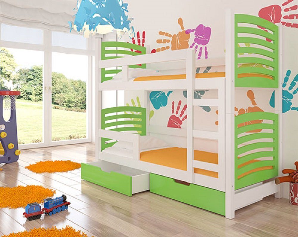 Feldmann-Wohnen Hochbett OSUNA (Etagenbett mit 2 Schlafgelegenheiten) Farbe wählbar Kiefer weiß / Absetzungen: grün