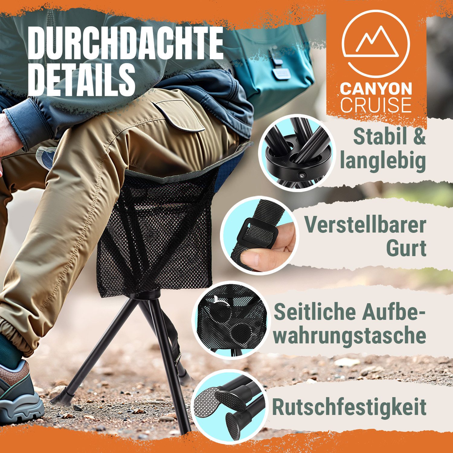 Canyon Cruise Campinghocker Tragbarer Campinghocker–Klappbarer Dreibein-Stuhl für Angeln & Outdoor (Dreibein-Hocker, 1 St., Tragbarer Camping-Stuhl), Festival Stuhl