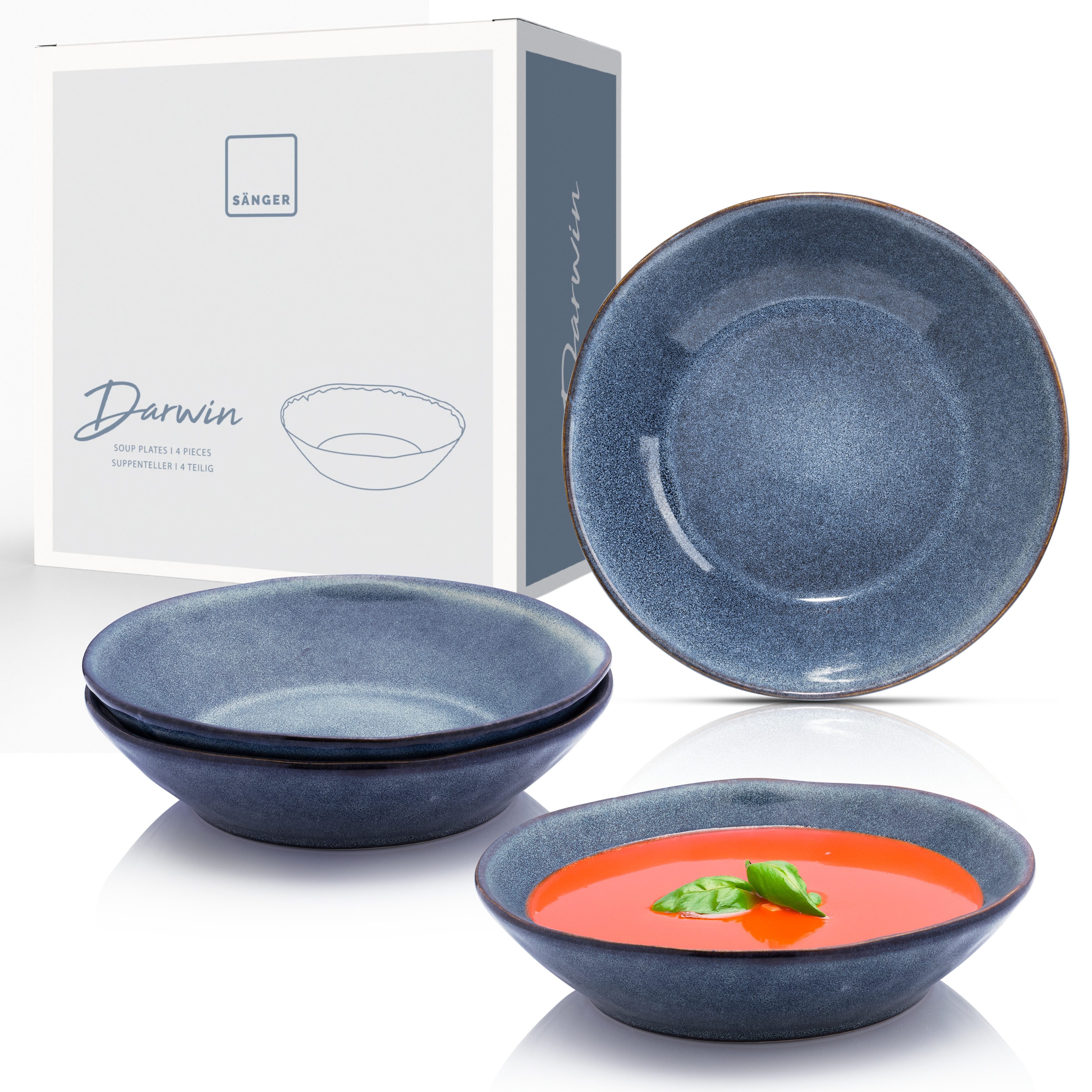 SÄNGER Suppenteller Set Darwin, (4 St), 4 Personen Steingut, Blau, Handmade, Premium Collection