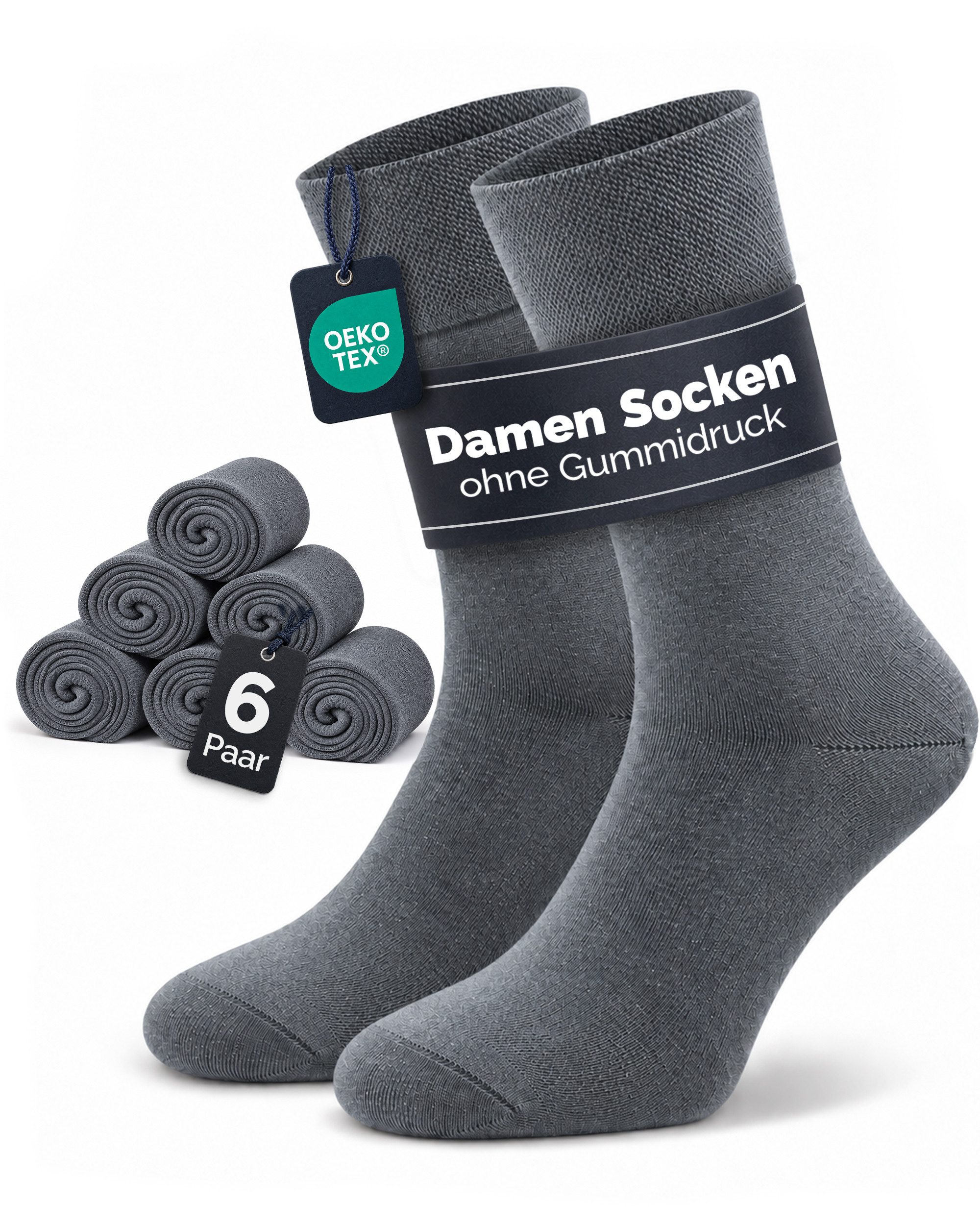 GAWILO Diabetikersocken für Damen ohne Gummidruck & ohne drückende Naht (6 Paar) Extra breiter Piquet-Strick am Komfortbund der nicht einschneidet