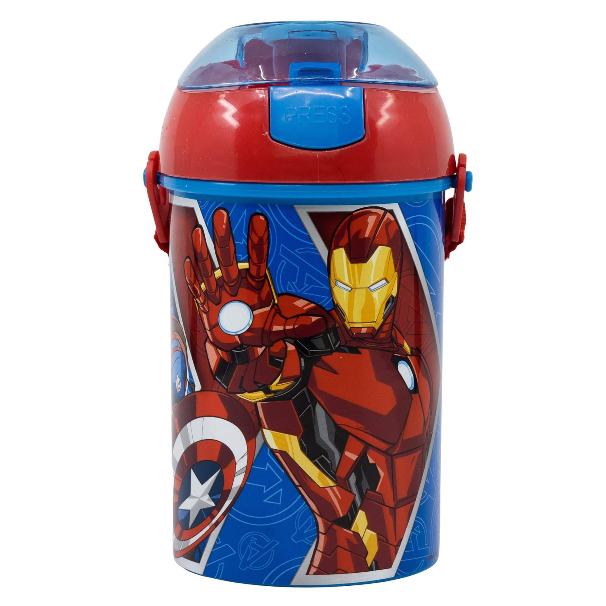 450 Trinkflasche Avengers ml MARVEL Trinkhalm Flasche Marvel Wasserflasche, Gurt