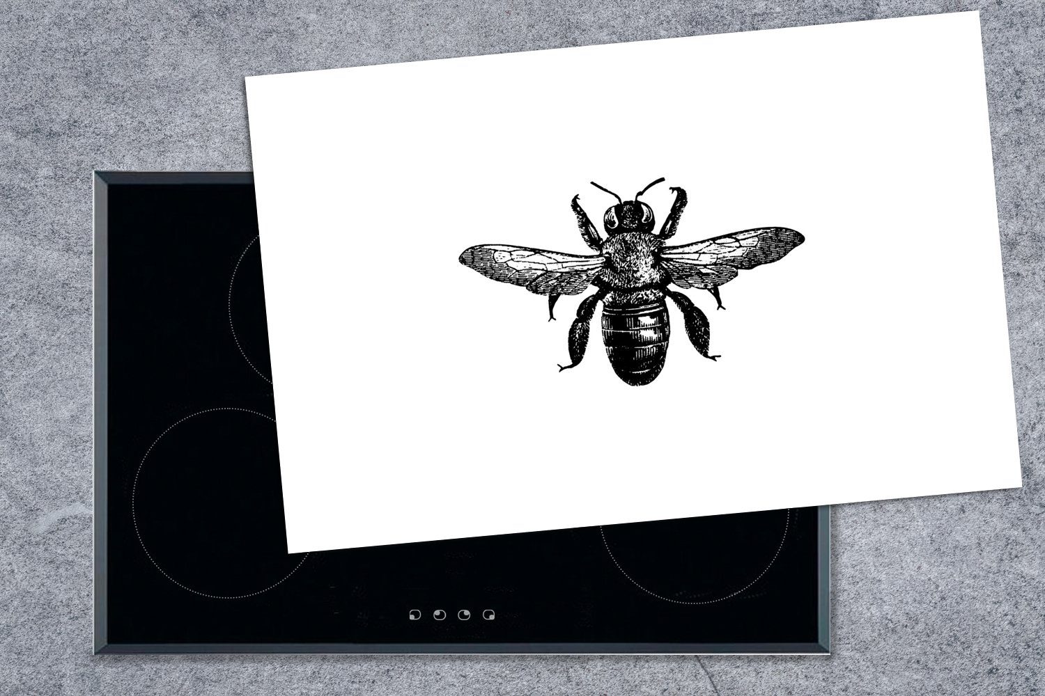 Schwarz und für 80x52 Induktionskochfeld Biene - Schutz weiß, (1 tlg), küche, cm, Herdblende-/Abdeckplatte die Vintage - - Ceranfeldabdeckung Insekt Vinyl, MuchoWow