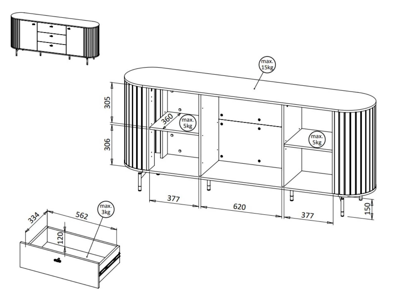 Compleo Kommode 190 cm breit, Kommode mit 3 Schubladen und zwei Türen MODERNO