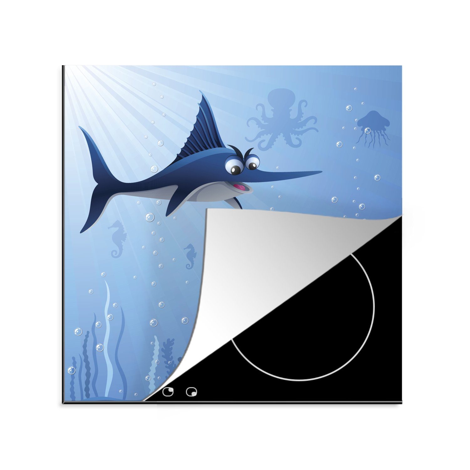 MuchoWow Herdblende-/Abdeckplatte Eine Illustration eines Schwertfisches im Meer, Vinyl, (1 tlg), 78x78 cm, Ceranfeldabdeckung, Arbeitsplatte für küche