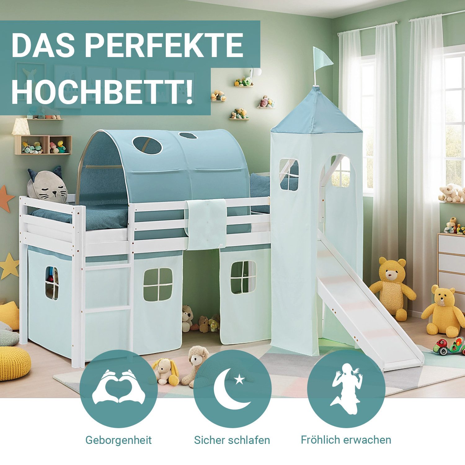 Homestyle4u Hochbett 90x200 Stockbett Vorhang Kinderbett günstig online kaufen