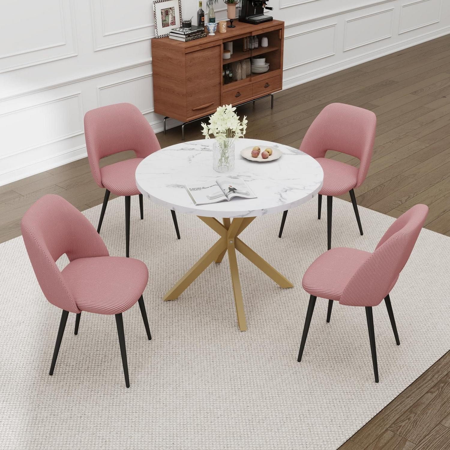 LuxusKollektion Esstisch Esstisch Stuhlset 100 cm rund MDF 4 Stühle Cord Marmormuster-gd Rosa (1-St)