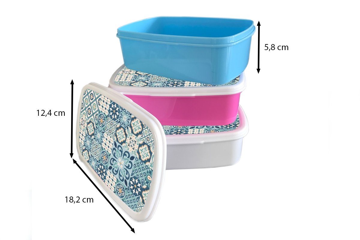 MuchoWow Lunchbox Blumen - Blau Erwachsene, (2-tlg), Fliese, - Snackbox, Brotbox Mädchen, für rosa - Kinder, Kunststoff Design Kunststoff, Brotdose