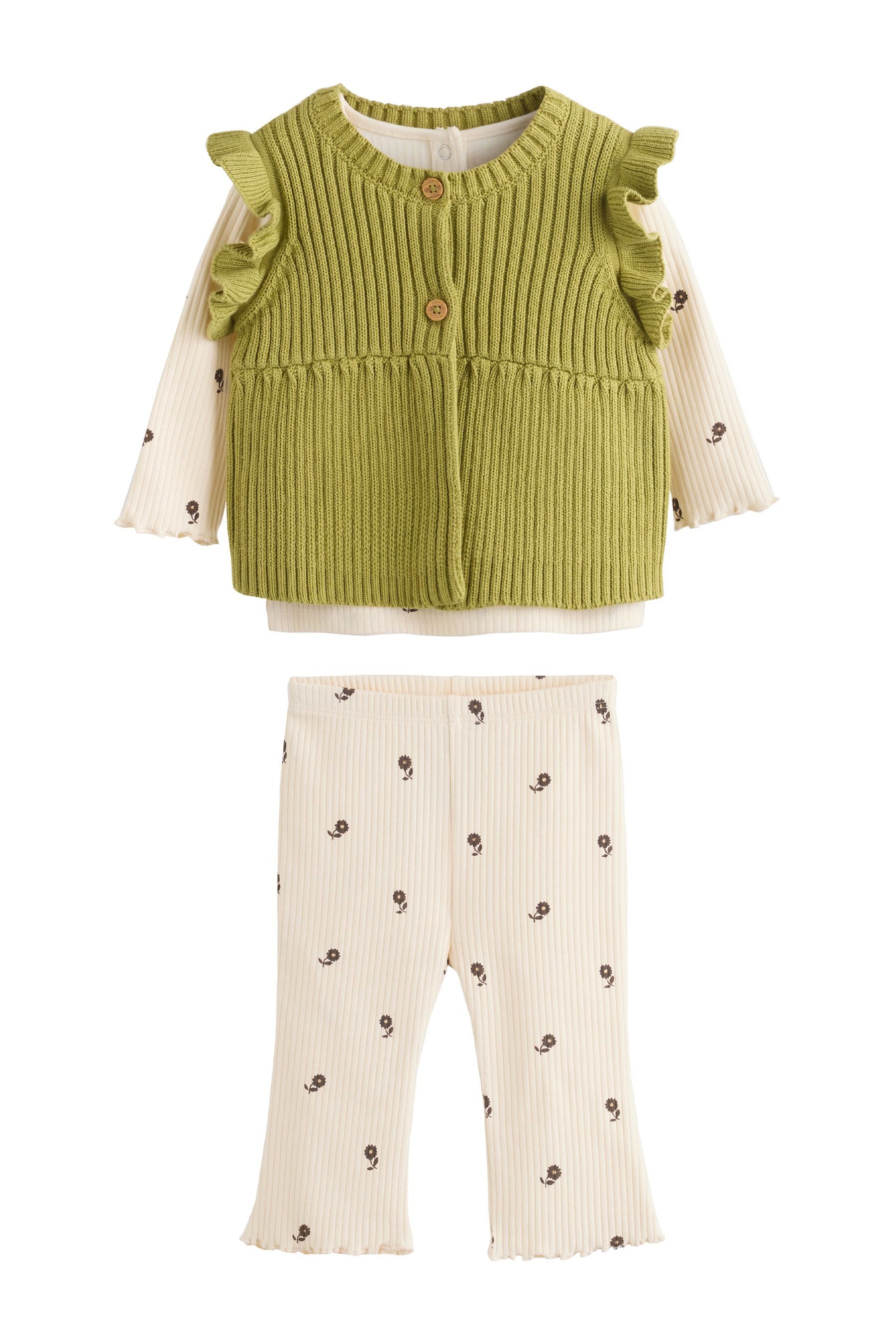 Next Langarmshirt & Leggings 3-teiliges Babyset aus Stricktop und Ripptop (3-tlg)