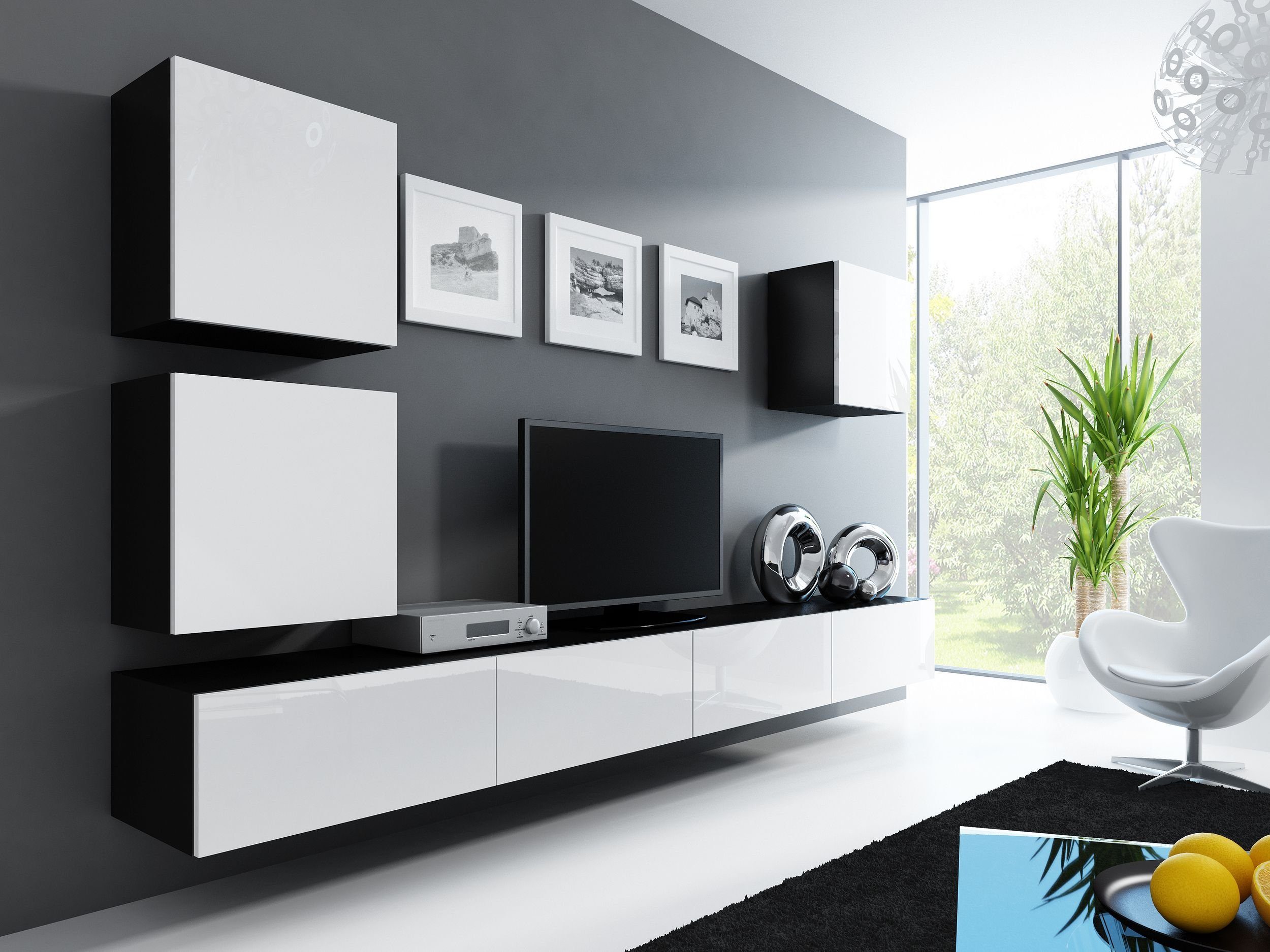 Stylefy Wohnwand Vago XXII Quadrat, (Set (5-St), Wohnmöbel, Wohnzimmer-Set), bestehend aus 3xLowboard und 3xHängeschrank, Hochglanzfronten, mit Push-to-Open, Modern Design Schwarz Matt - Weiß Hochglanz