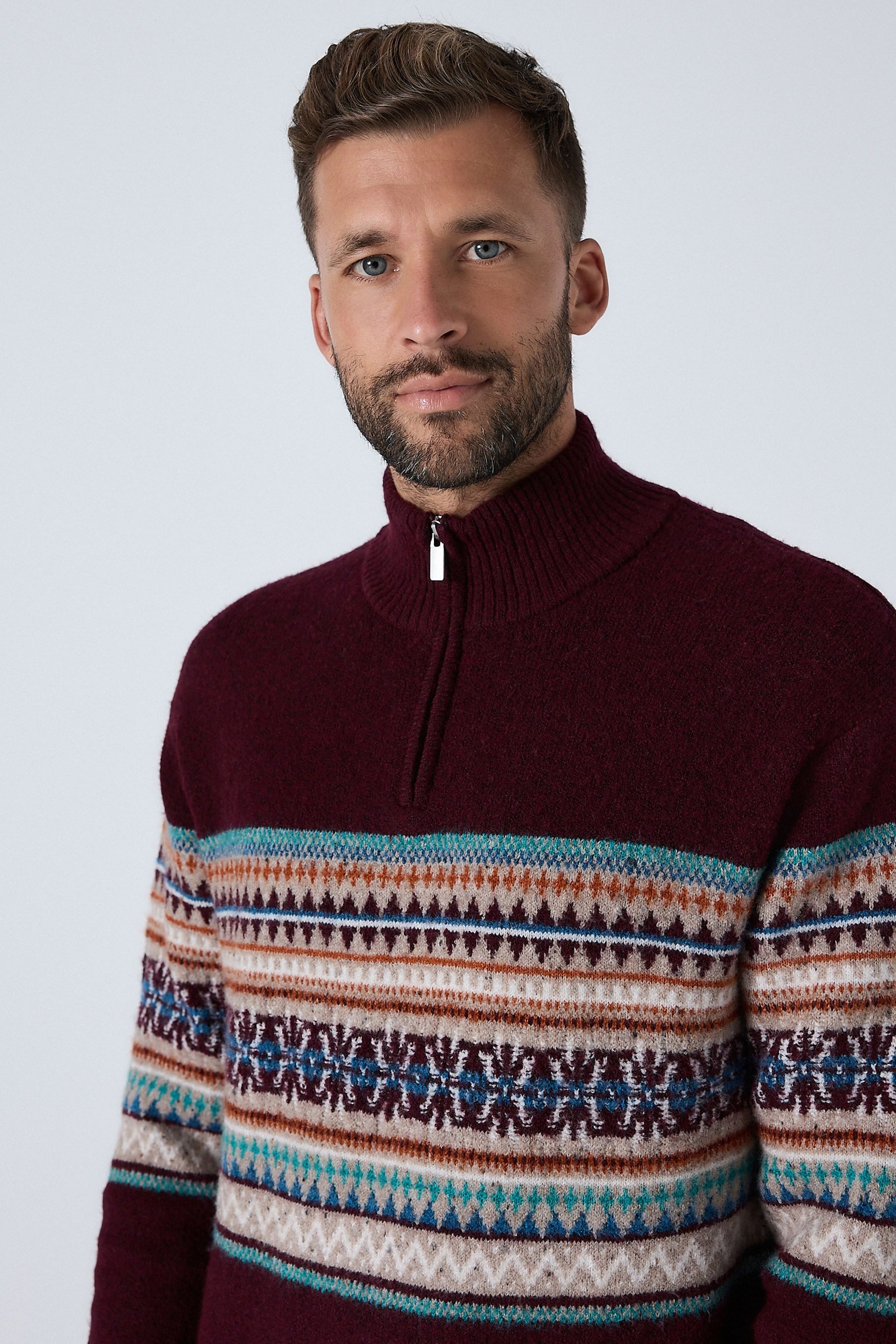 Next Norwegerpullover Regular Fit Troyer, Fairisle-Muster + Blockfarben (1-tlg)