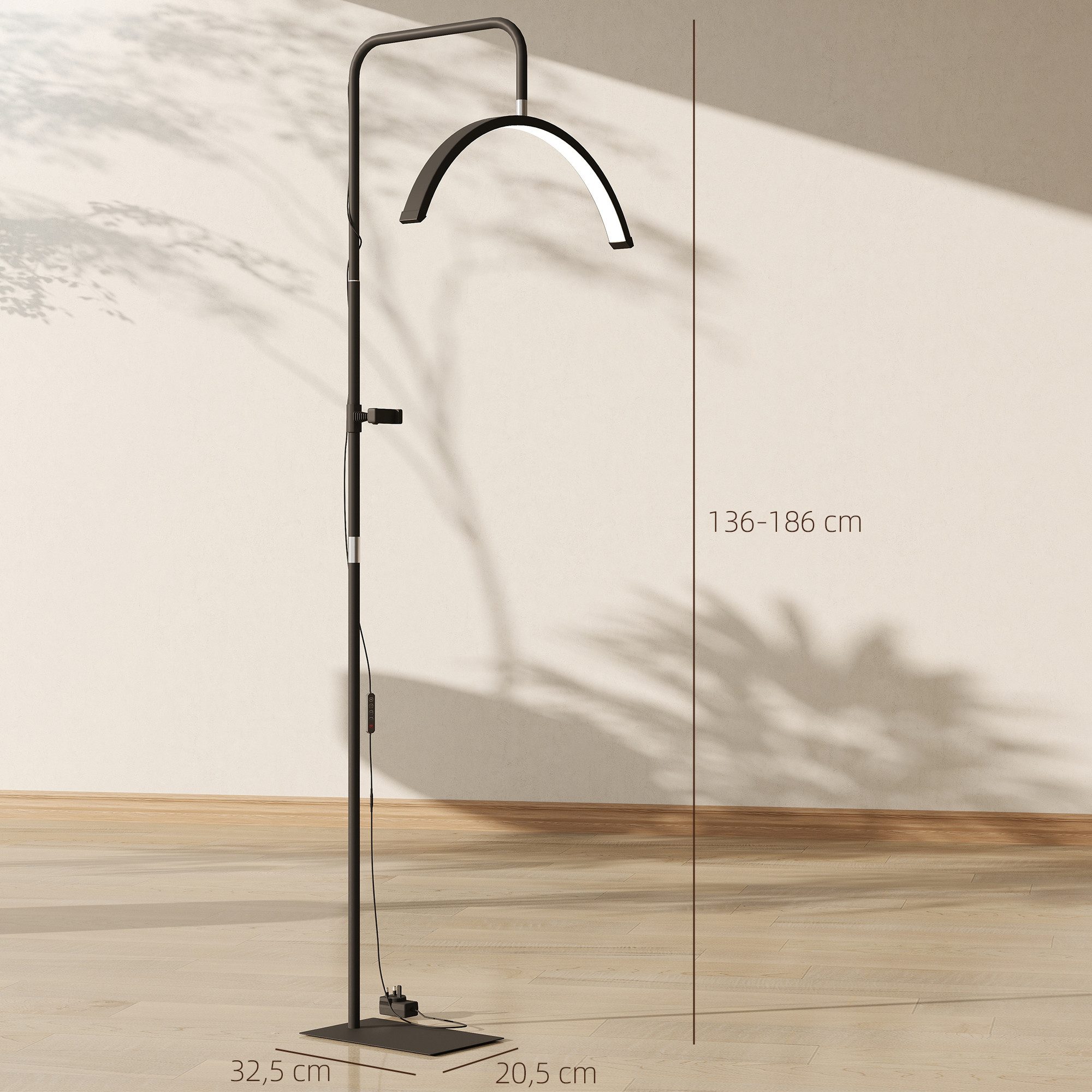 HOMCOM Stehlampe LED Halbmond Wimpern Lampe mit Telefonhalter, Dimmfunktion, LED fest integriert, Tageslichtweiß, für Wimpernverlängerung, Tattoo, Nägel, Hautp