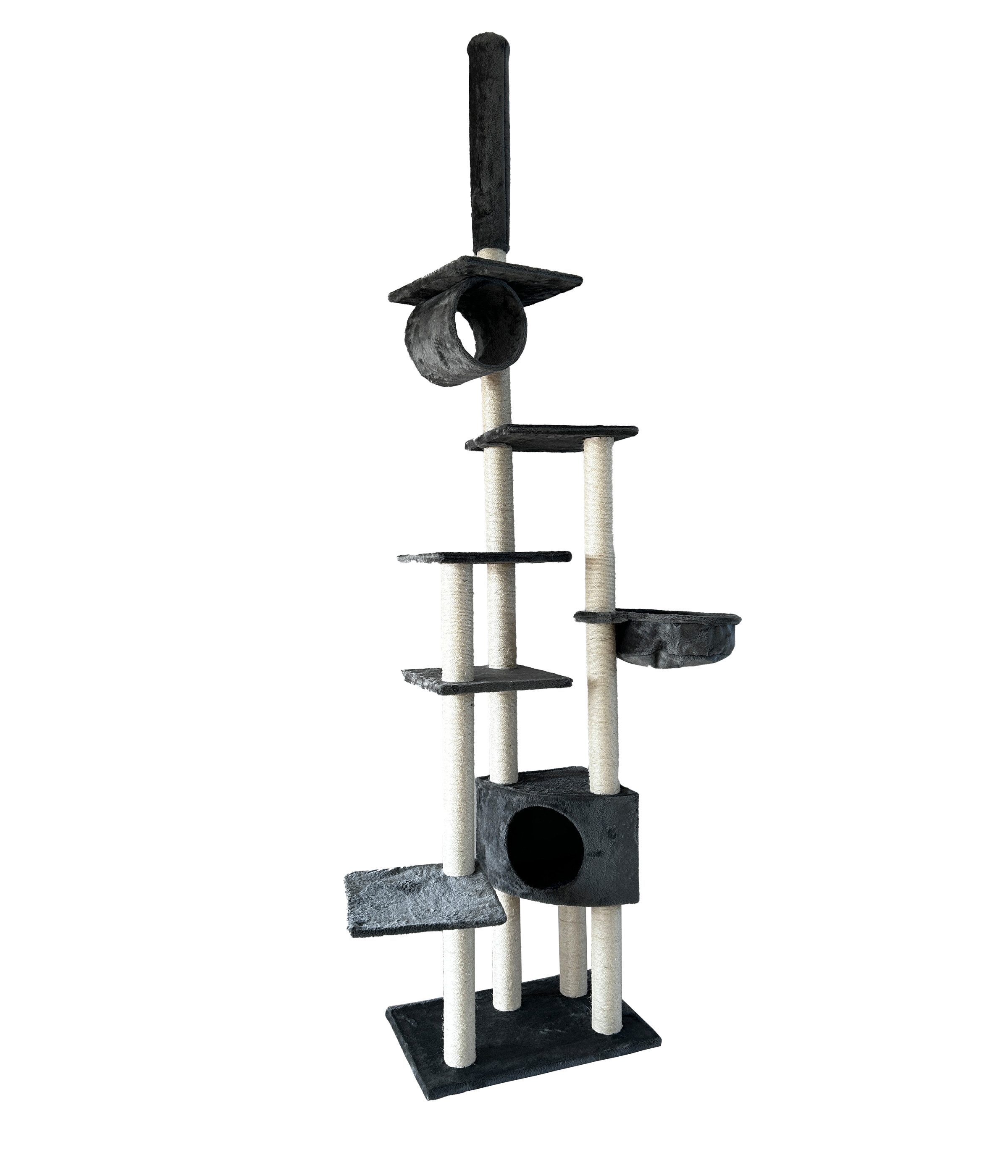 Dehner Kratzbaum Alita, ca. 270 x 68 x 44 cm, höhenverstellbar, grau / beige, Kletterbaum mit verschiedenen Ebenen, Kuschelhöhle und Liegemulden