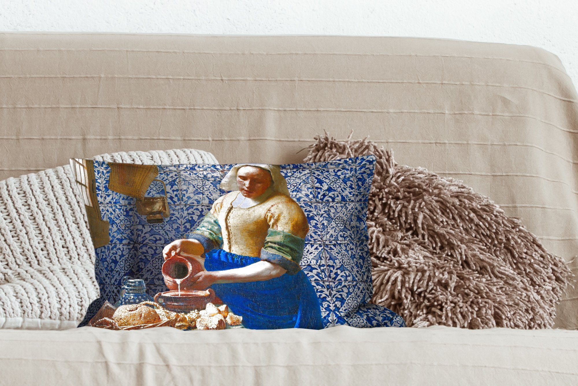MuchoWow Dekokissen Dekokissen - Delfter Gemälde Vermeer mit Milchmädchen Schlafzimmer Blau Alte - Meister, Dekoration, - Zierkissen, - Wohzimmer Füllung