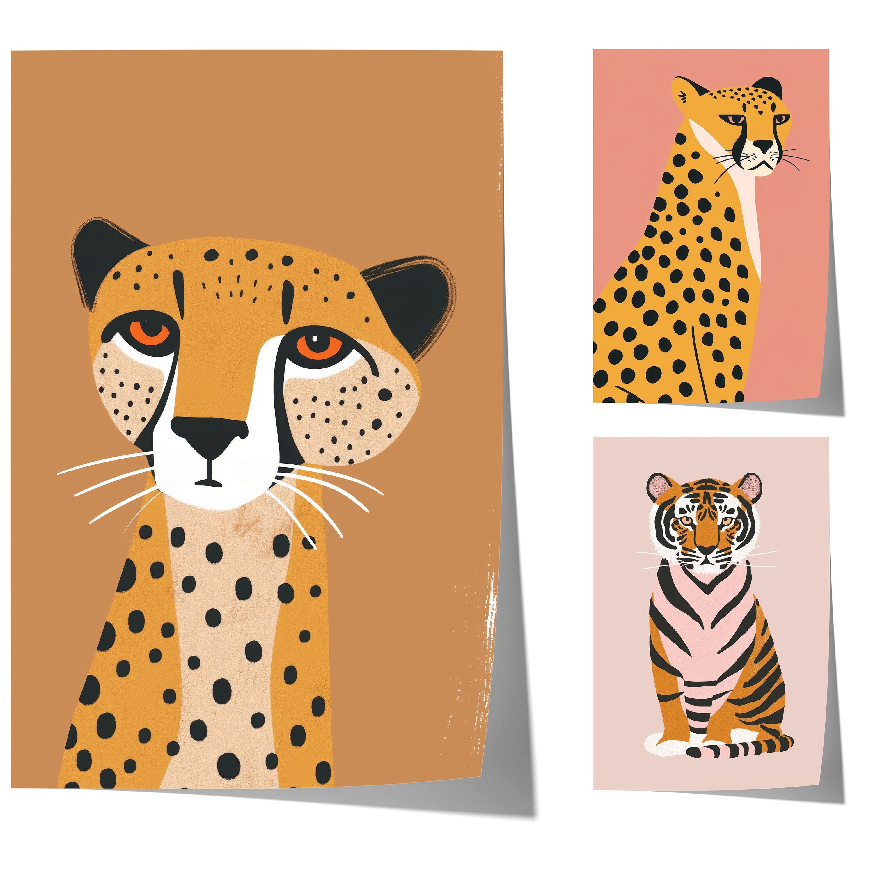 JUSTGOODMOOD Poster Safari Tiere Geschenkidee Moderne llustration mit Gepard und Tiger Kin, B (1 St)