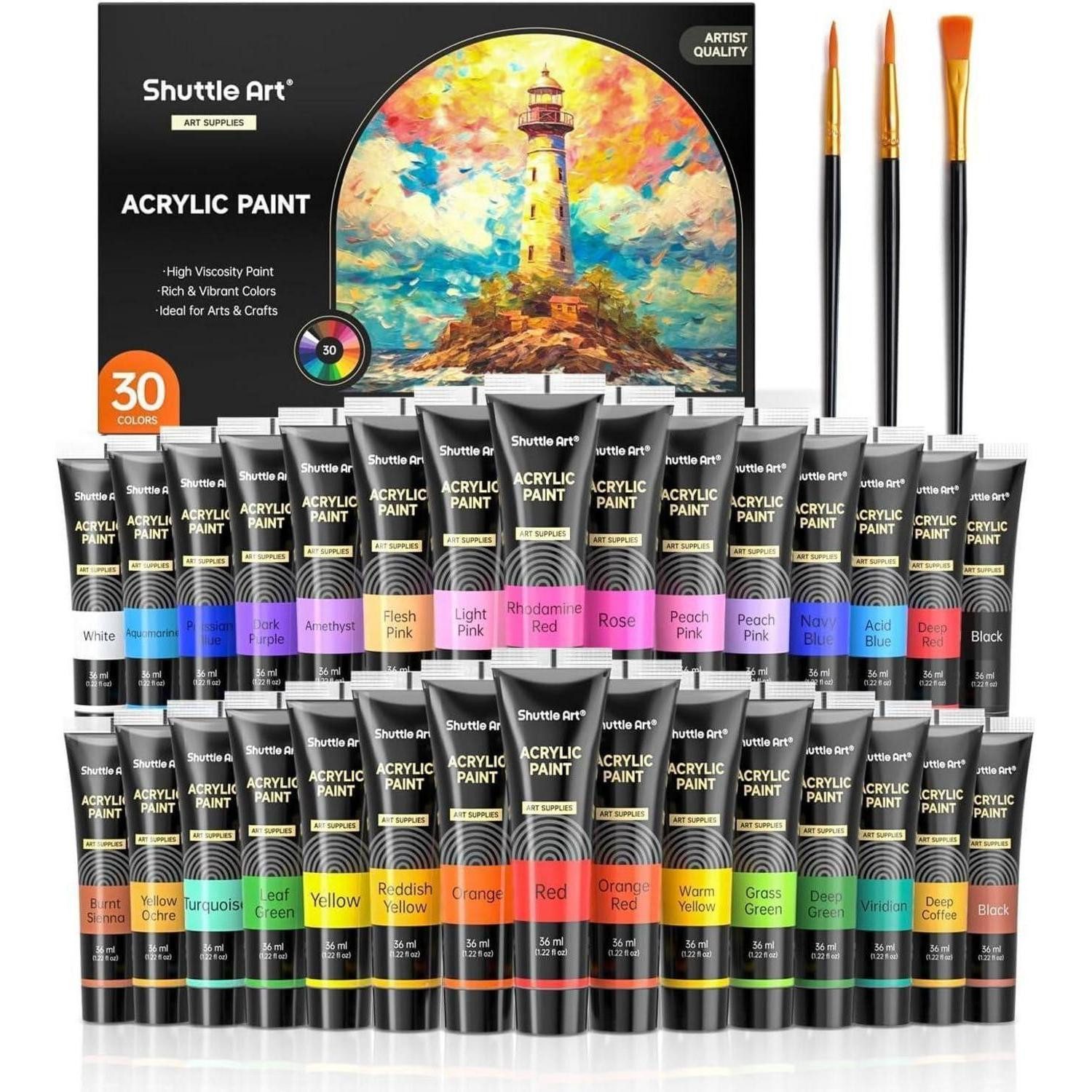 LuxusKollektion Pinselstift Acrylfarben Set 30 Farben Tuben 36ml 3 Pinselset ungiftig säurefrei