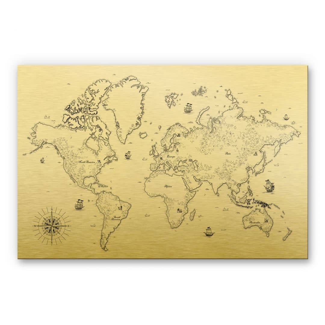 K&L Wall Art Alu-Dibond-Druck Metall Weltkarte Kompass moderne Landkarte Vintage Schatzkarte, Wandschild Weltmeere