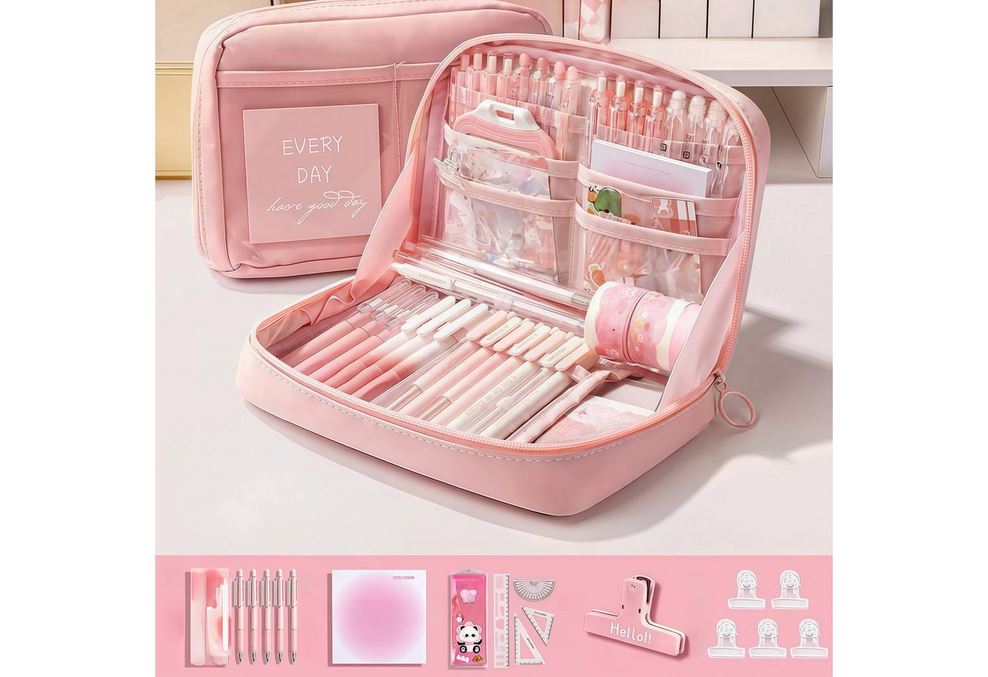 FOUORTUNATE-BEE Federmäppchen 12-teiliges lila Schreibwaren-Set – ideales Geschenk zum Schulstart, Lernset für Schule und Büro – komplette Ausstattung für den Alltag