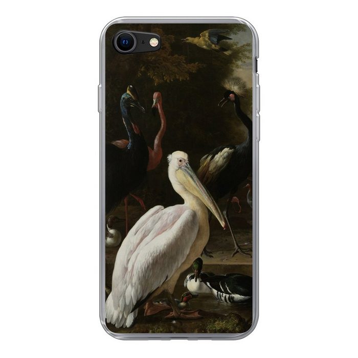 MuchoWow Handyhülle Ein Pelikan und andere Vögel in der Nähe eines Wasserbeckens - Gemälde Handyhülle Apple iPhone 8 Smartphone-Bumper Print Handy Schutzhülle