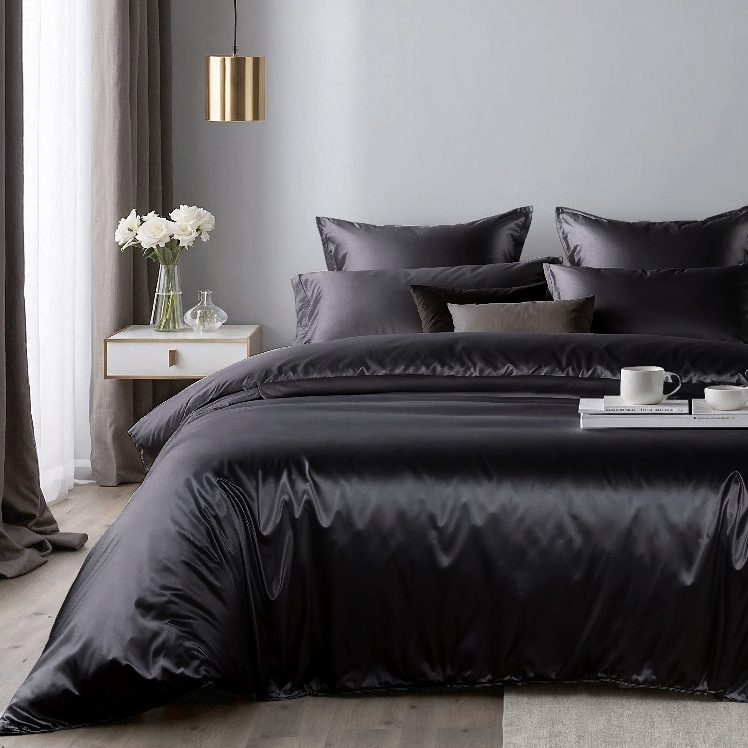 Cozyor Bettwäsche Satin glänzend 135x200, 155x200, 155x220, 200x200cm mit Reißverschluss, Satin, schwarz Eclipse, 2 teilig, Edel und hochwertig – Bild 5 von 5