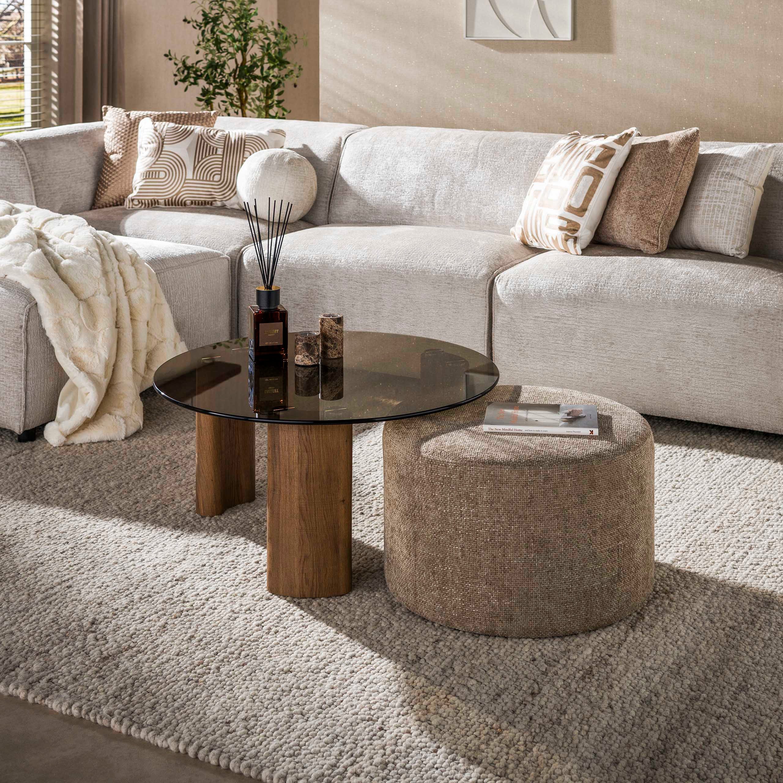 Sitheim® Couchtisch TINTO Couchtisch rund Pouf Set aus 2 / Bronzefarbenes Glas (Spar-Set, 2er Set)