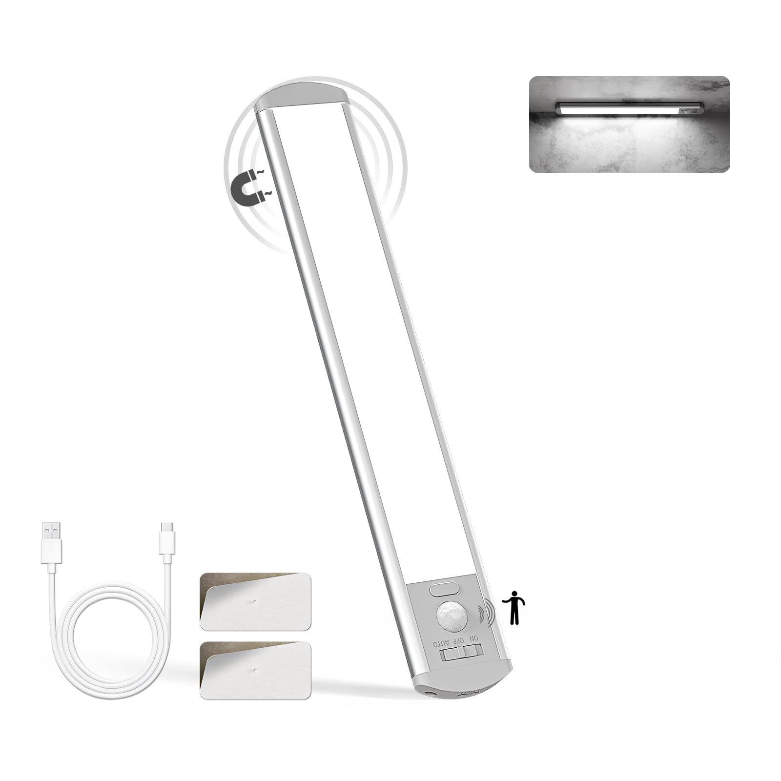 LQWELL LED Unterbauleuchte mit Bewegungsmelder, Dimmbar, Akku, USB-C Wiederaufladbar Schranklicht, 22,5 cm,1500 mAh, Weiß, für Küche, Kleiderschrank, Schlafzimmer