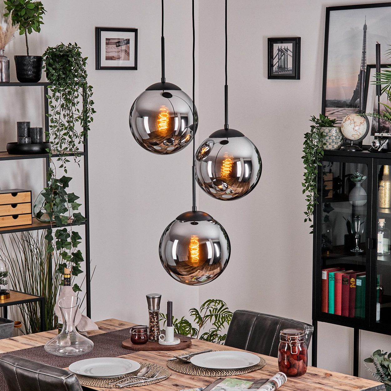 hofstein Hängeleuchte moderne Hängelampe aus Metall/Glas in Schwarz/Chromfarben/Rauchfarben, ohne Leuchtmittel