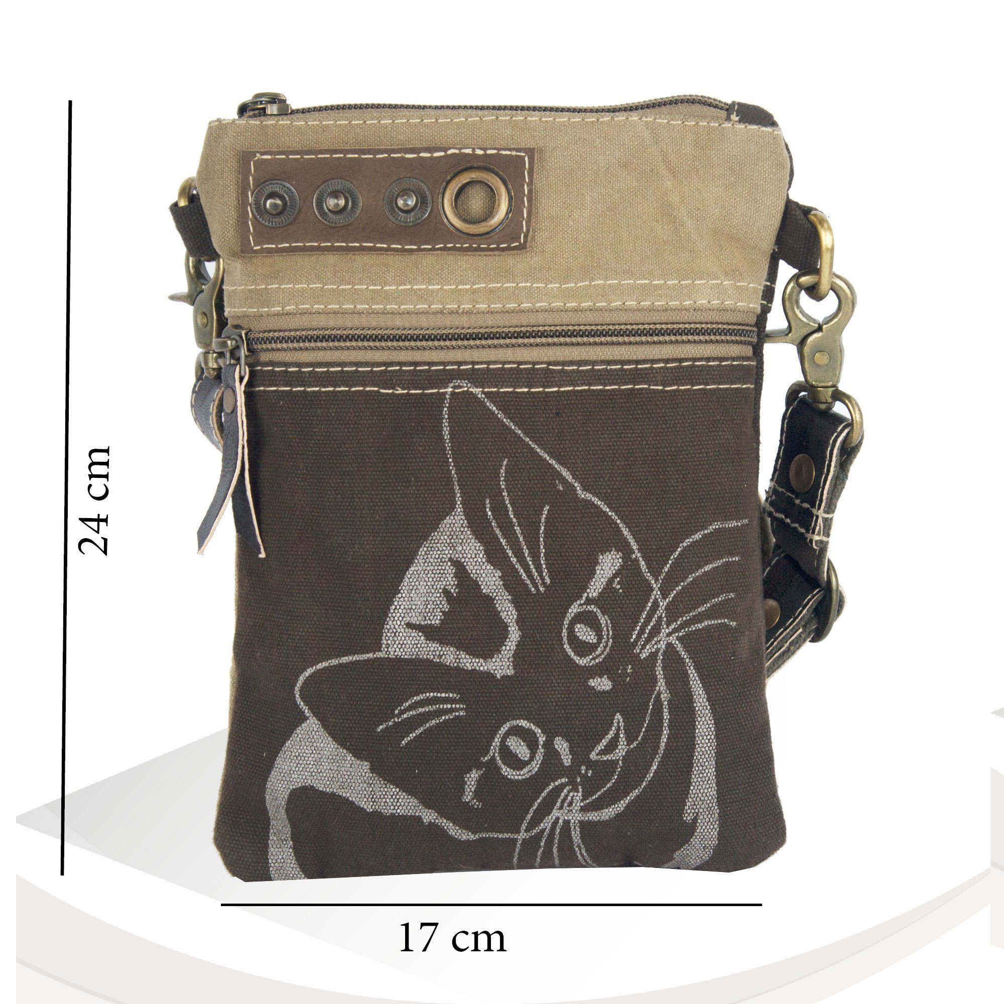 Umhängetasche 52495, aus Canvas Canvas. Katzenmotiv Katzenliebhaber. Tasche, aus für recyceltem Crossbody Kleien Sunsa braune bag Umhängetasche