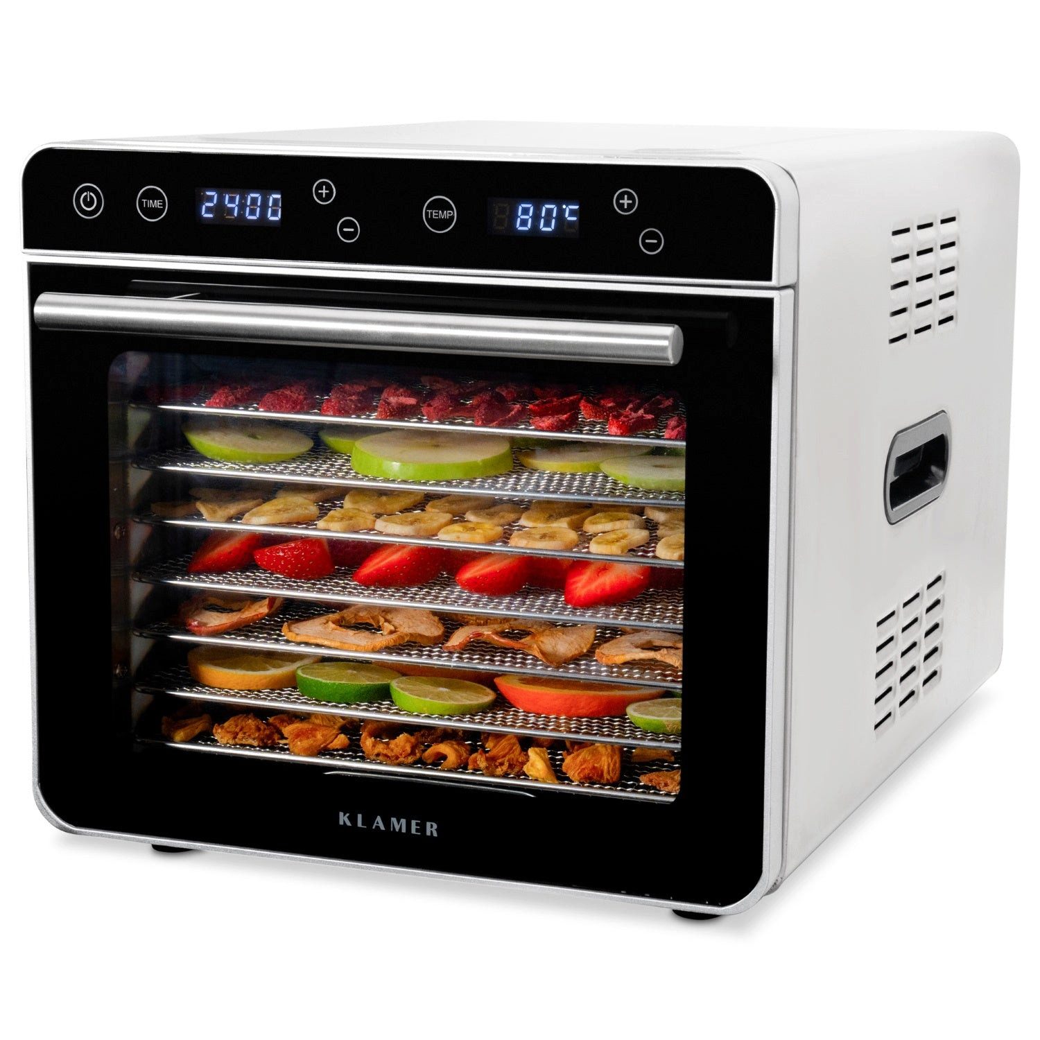 KLAMER Dörrautomat Premium XL 700W, 24h-Timer und 35-80°C Temperaturregler, 8 extra groß… 700 W, 8 Etagen, optimale Trocknung, 35-80°C, Timer, Gitter & Deckel BPA-frei