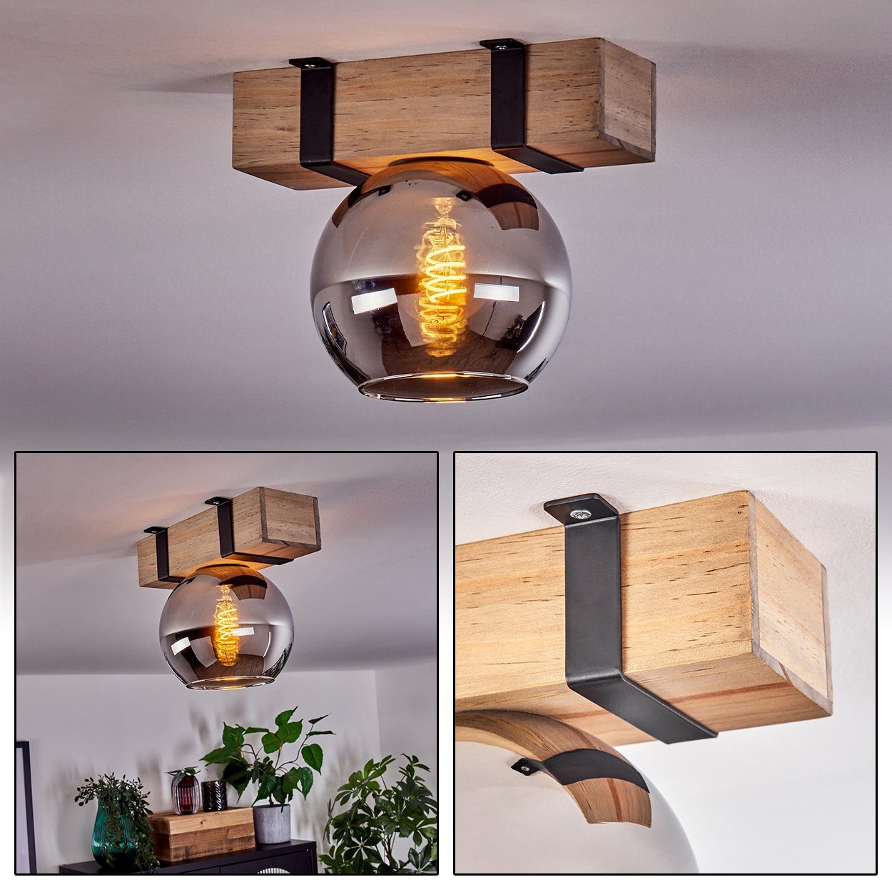 hofstein Deckenleuchte Deckenlampe aus Metall/Holz/Glas in Schwarz/Natur/Chromfarben, ohne Leuchtmittel, Holzbalken und Glasschrim Ø15cm, 1x E27, ohne Leuchtmittel