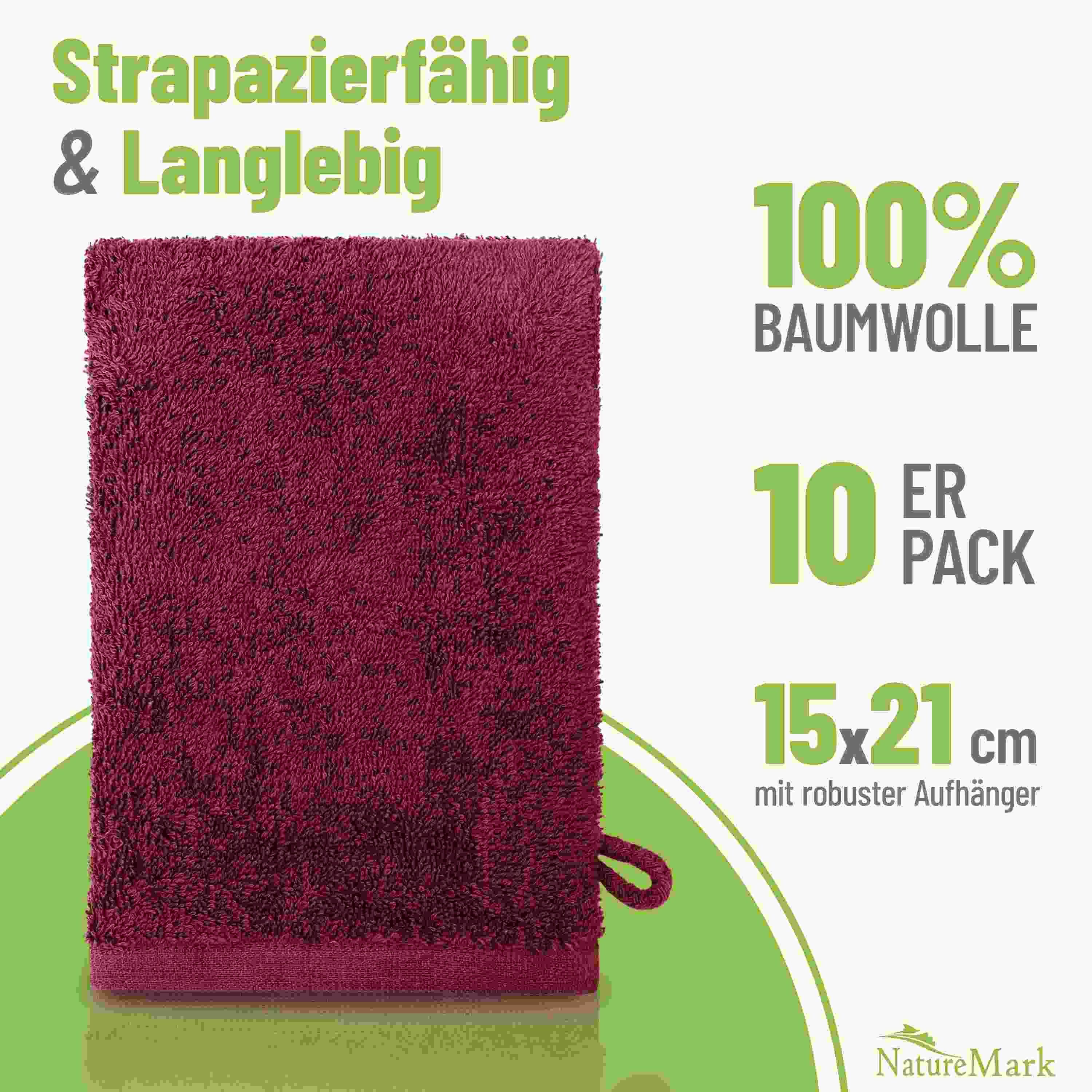 NatureMark Waschhandschuh 10er-Set Frottier Waschhandschuhe, 100% Baumwolle (10-St), Premium Frottier Waschhandschuhe, 15x21cm, Bordeaux rot