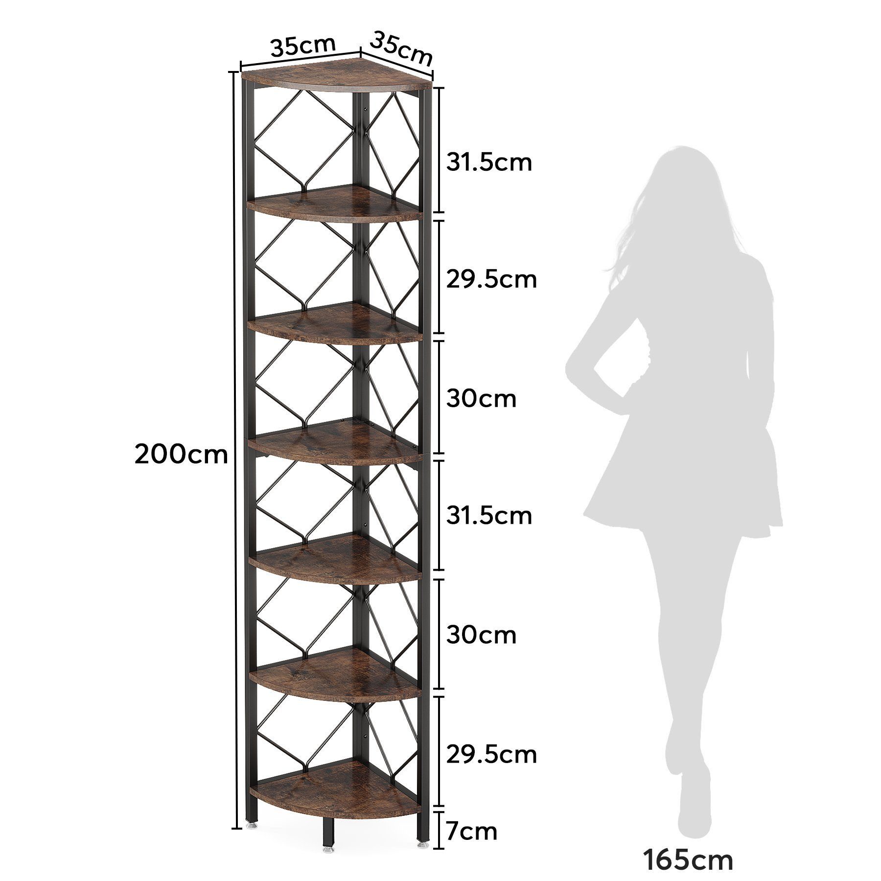 Celya Eckregal 7-Ebenen Eckregal, 200cm extra hohes Eck-Bücherregal